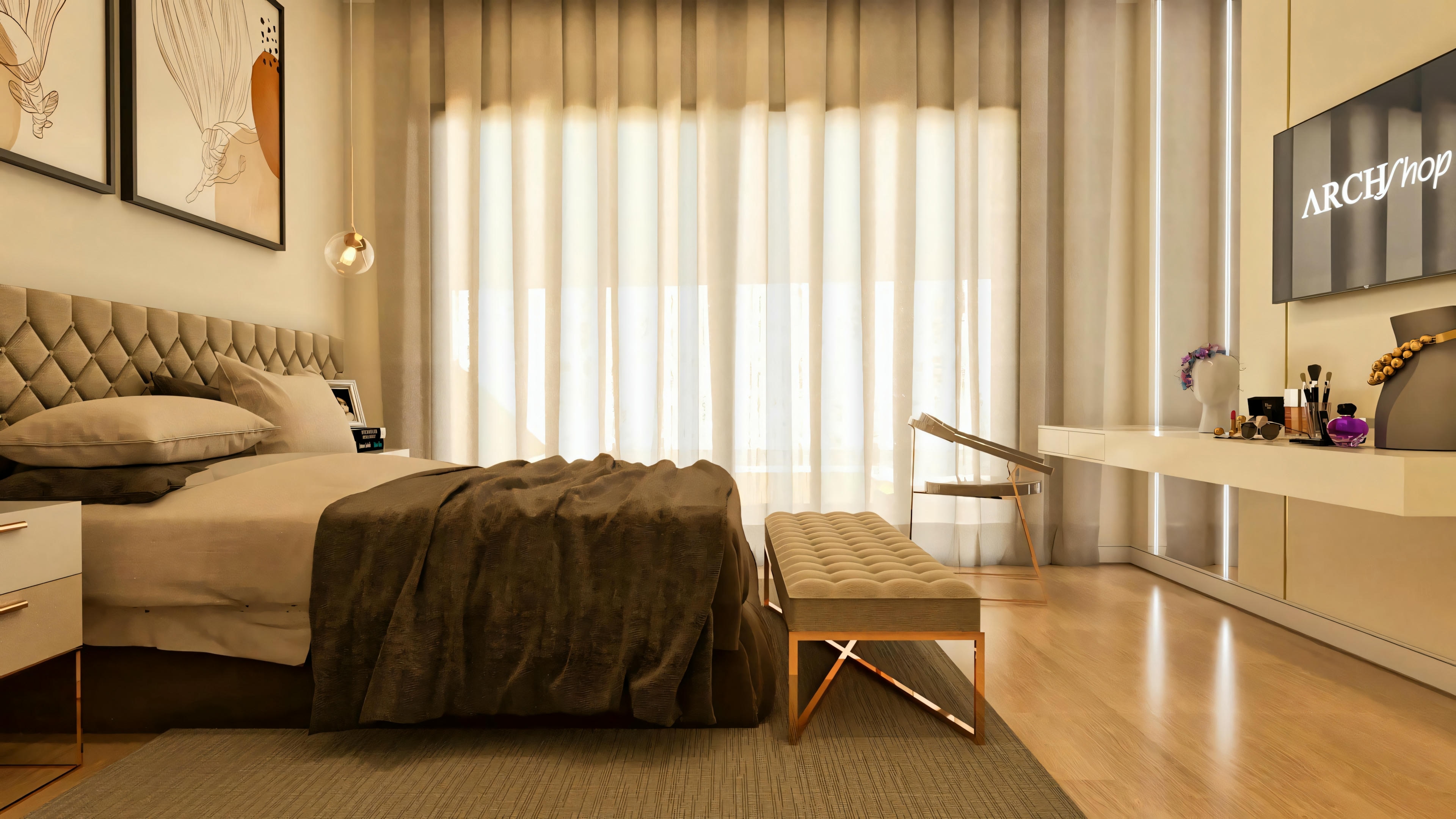 Interior de uma suíte master de um projeto de casa de luxo, mostrando cama de casal com cabeceira estofada, bancada de maquiagem, iluminação embutida e cortinas do chão ao teto.