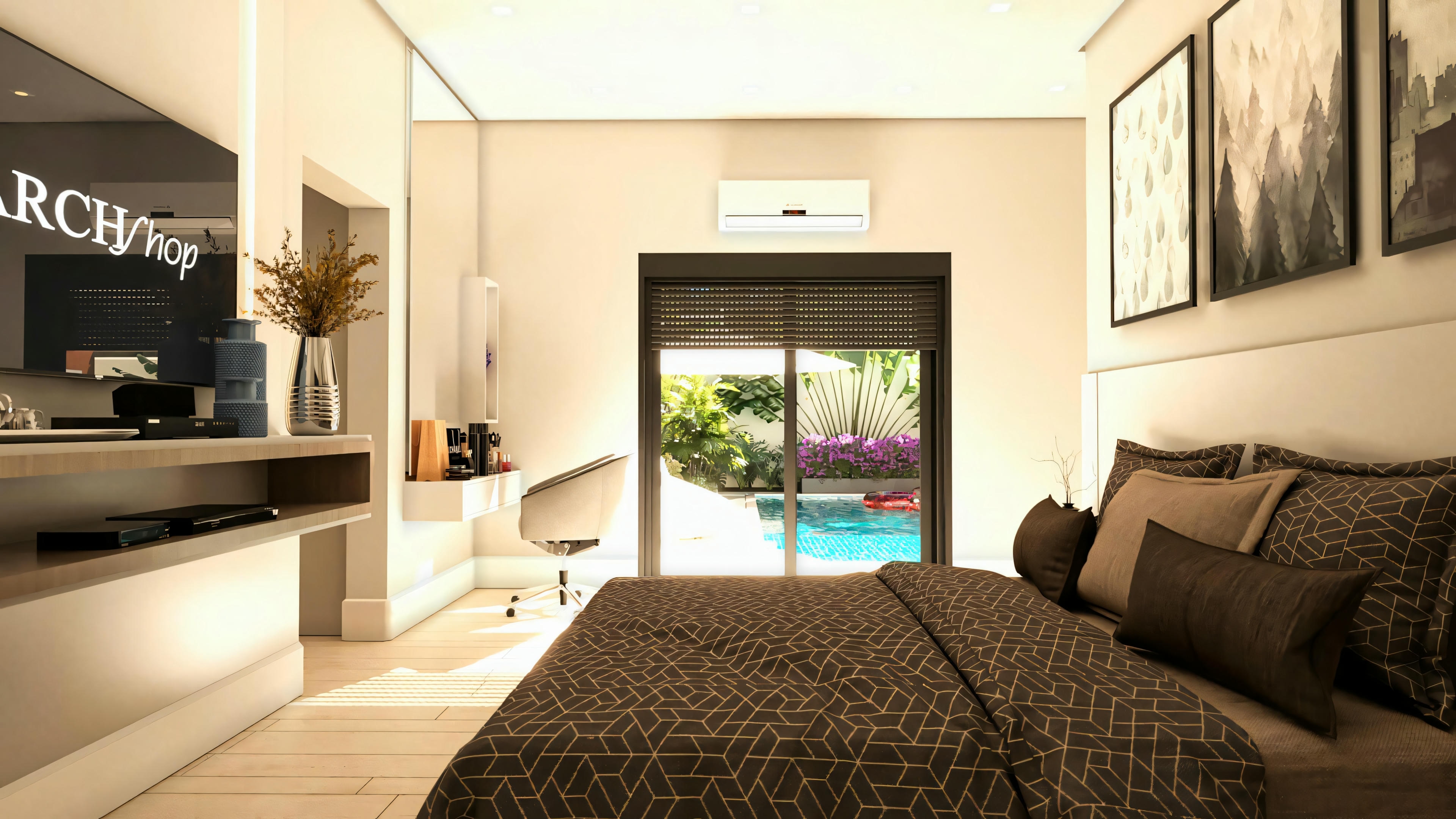 Vista de la suite principal en casa de planta baja con 3 suites, mostrando la cama, panel de TV, bancada de estudio/tocador y puerta de vidrio con acceso al área externa con piscina. Proyecto casa planta baja 3 suites.