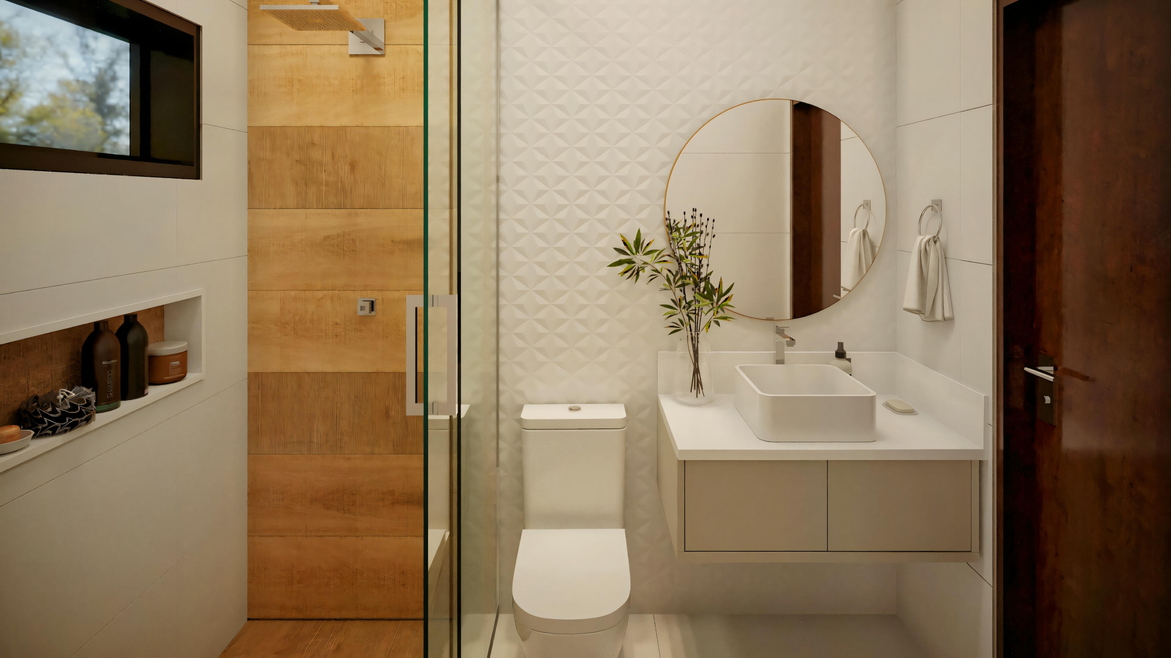 Un baño moderno con lavabo, espejo e inodoro.