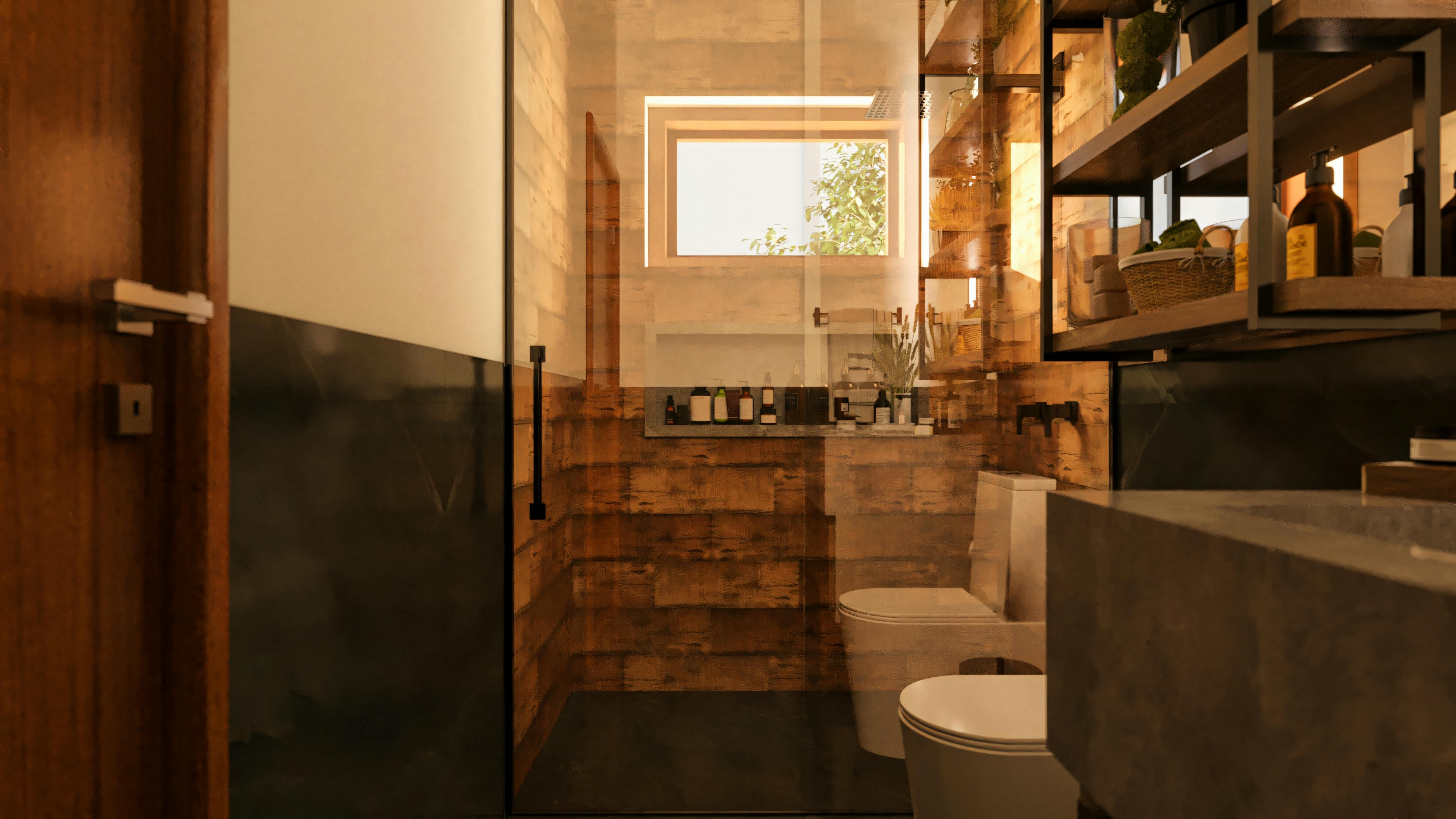 Vista de la ducha del baño de una suite en casa de lujo, con puerta de vidrio, revestimiento interno amaderado, ventana que aporta luz natural, y detalle del inodoro y de la encimera de cemento quemado.