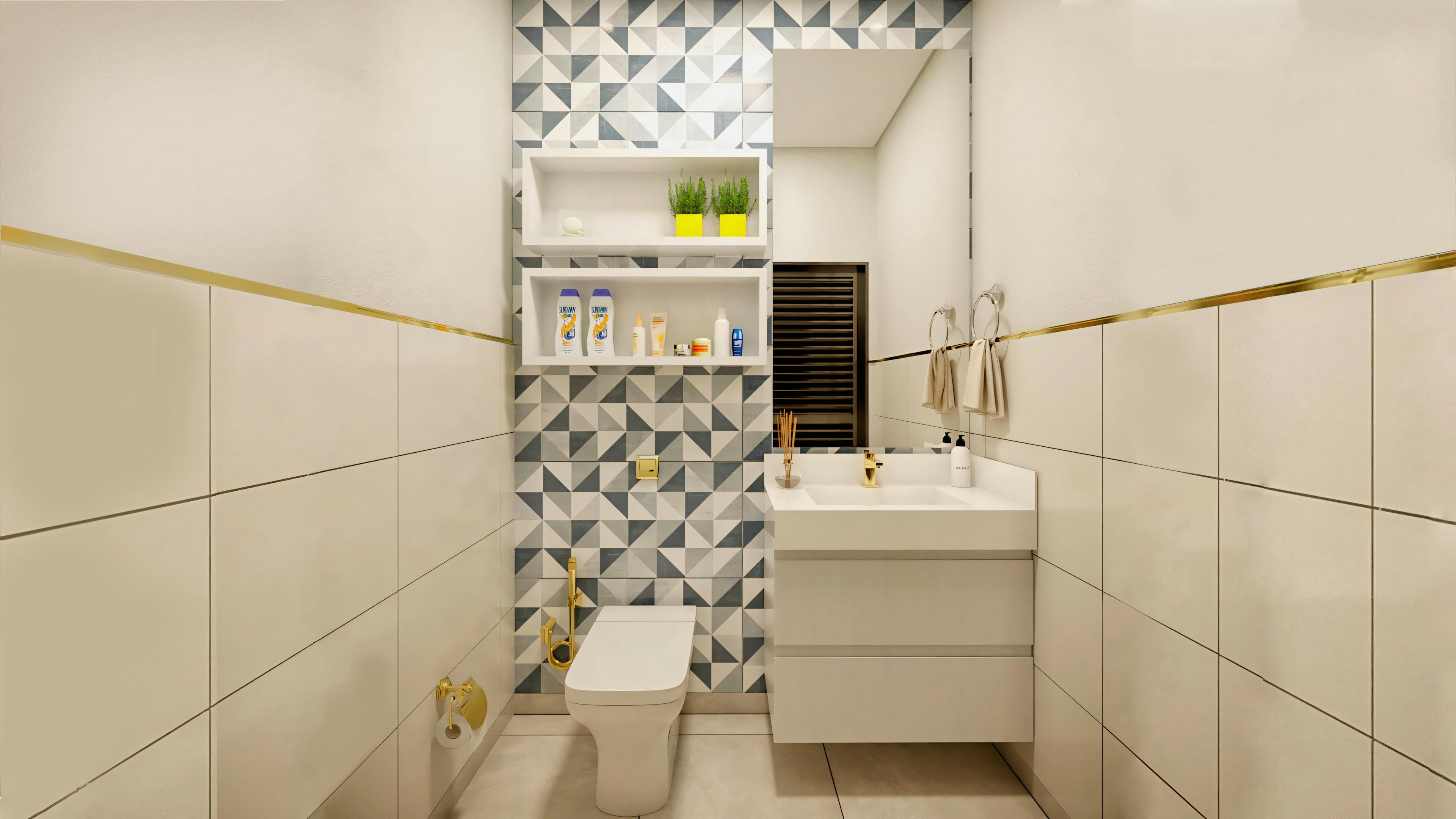 A bathroom with beige tiles, a wall-hung toilet, and a sink with cabinets above and below.