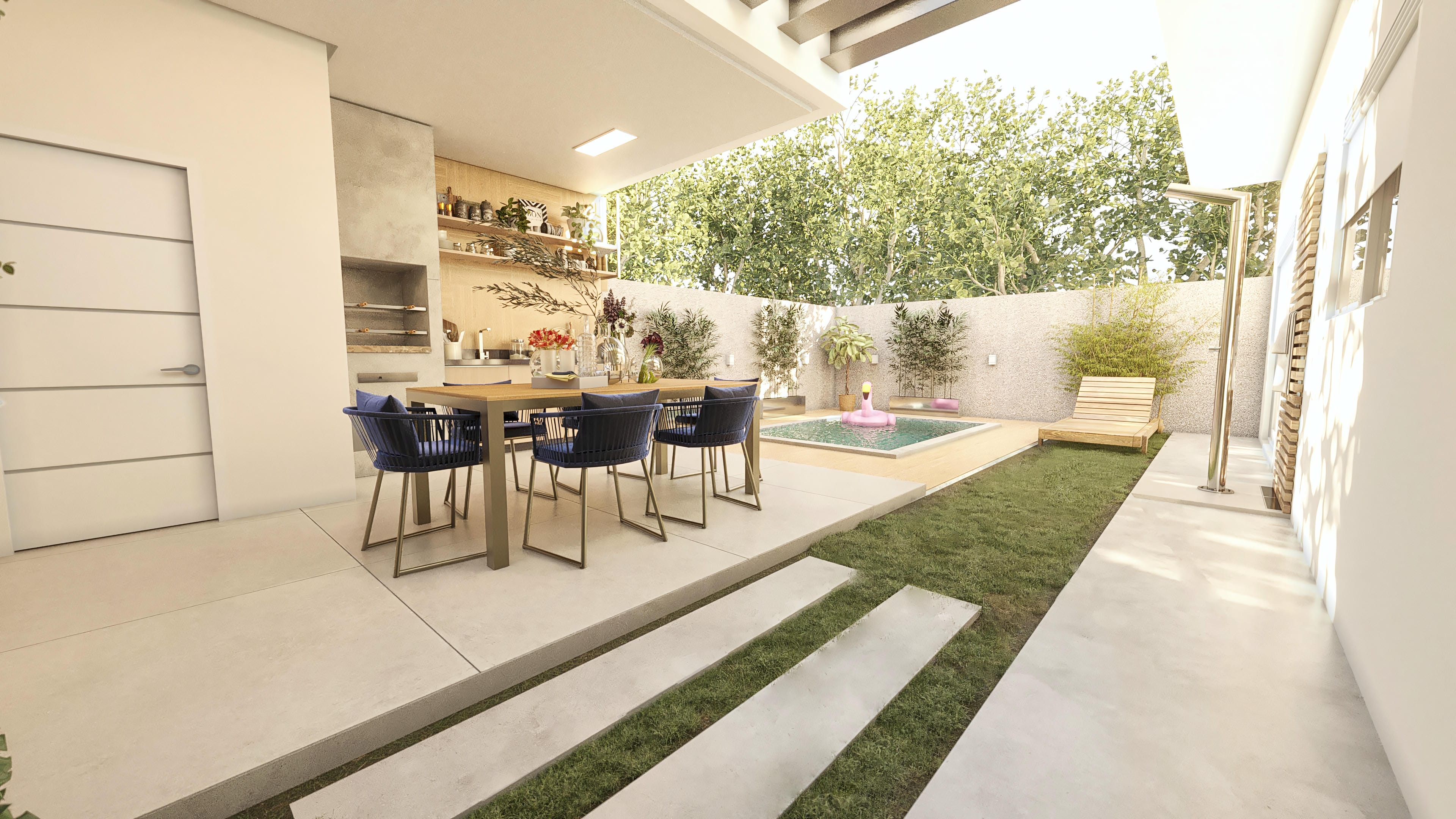 Área gourmet moderna e integrada con piscina, ideal para terrenos de 10x25m. La casa de una planta muestra una fachada limpia con detalles en madera e iluminación acogedora.