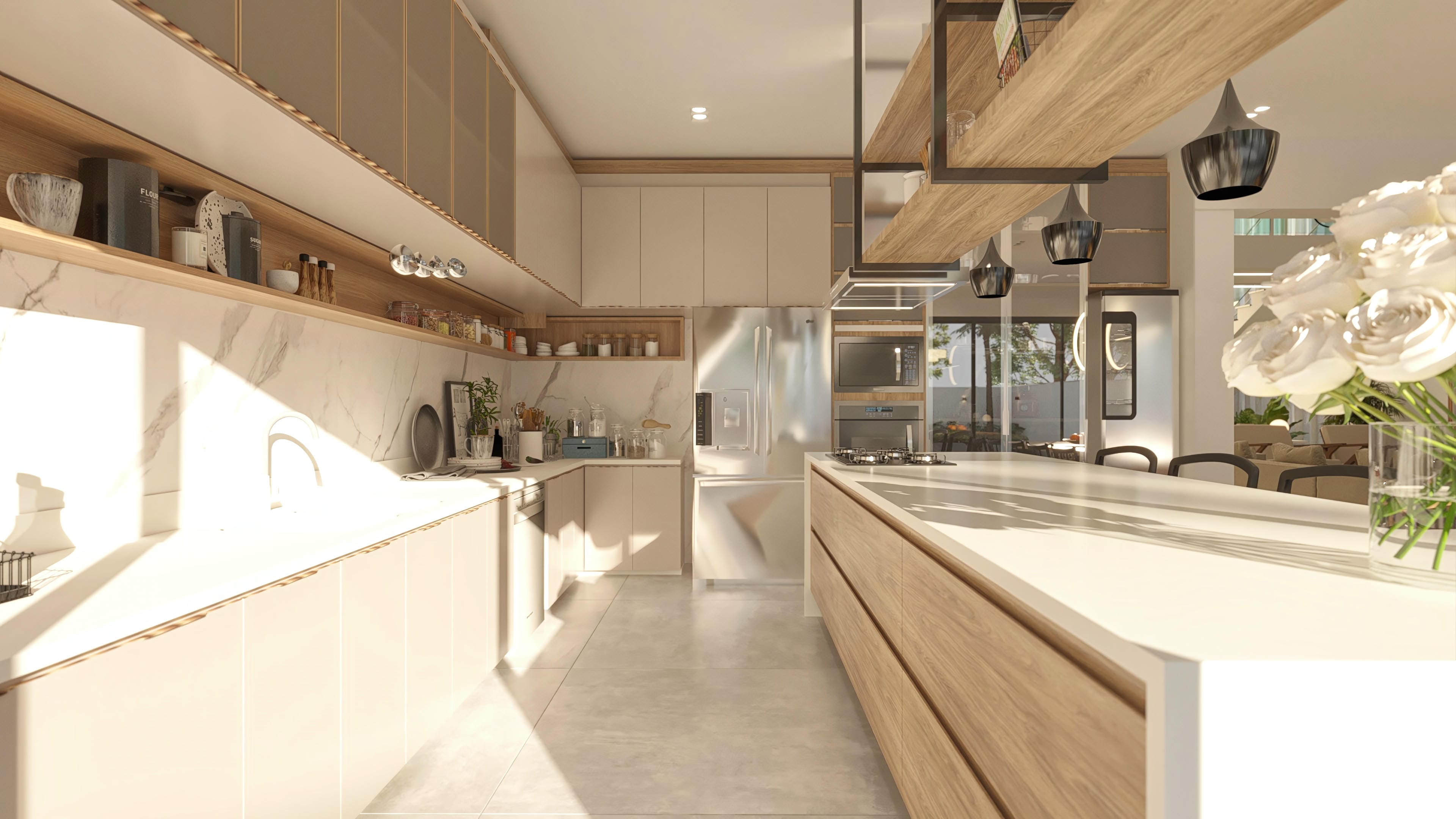 Interior de cocina moderna y sofisticada con isla central, armarios claros, revestimiento de mármol e iluminación empotrada.