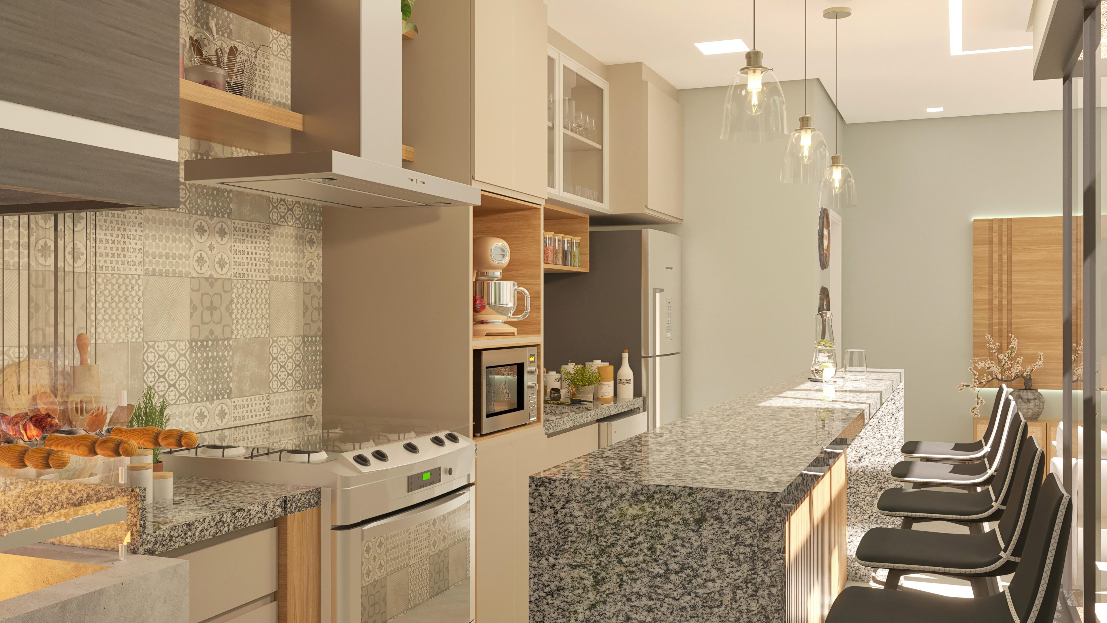 Visualización de cocina moderna con encimera en granito y área gourmet integrada. Armarios a medida en tonos neutros, electrodomésticos en acero inoxidable y detalles en madera.