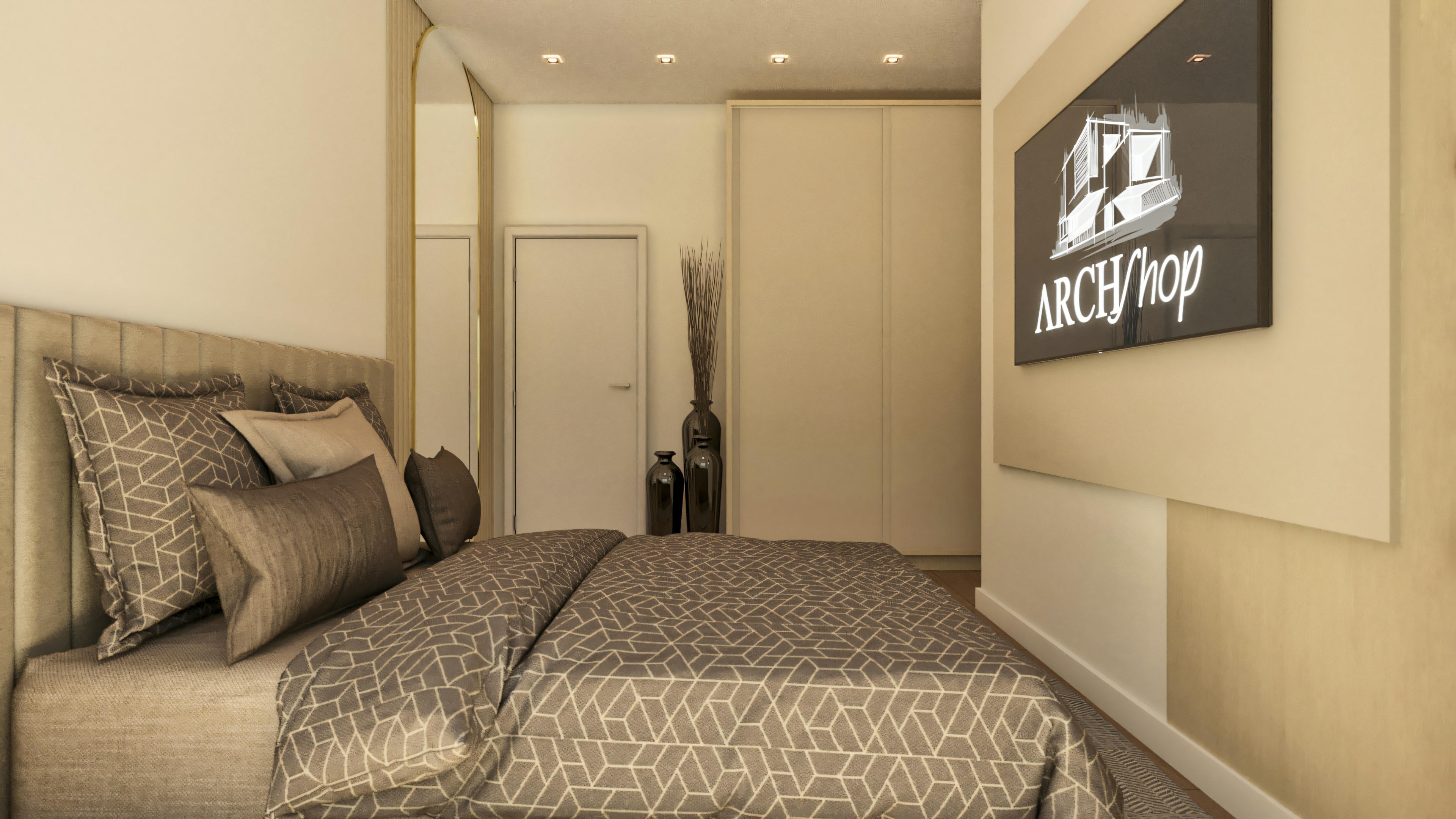 Bed with upholstered headboard.
