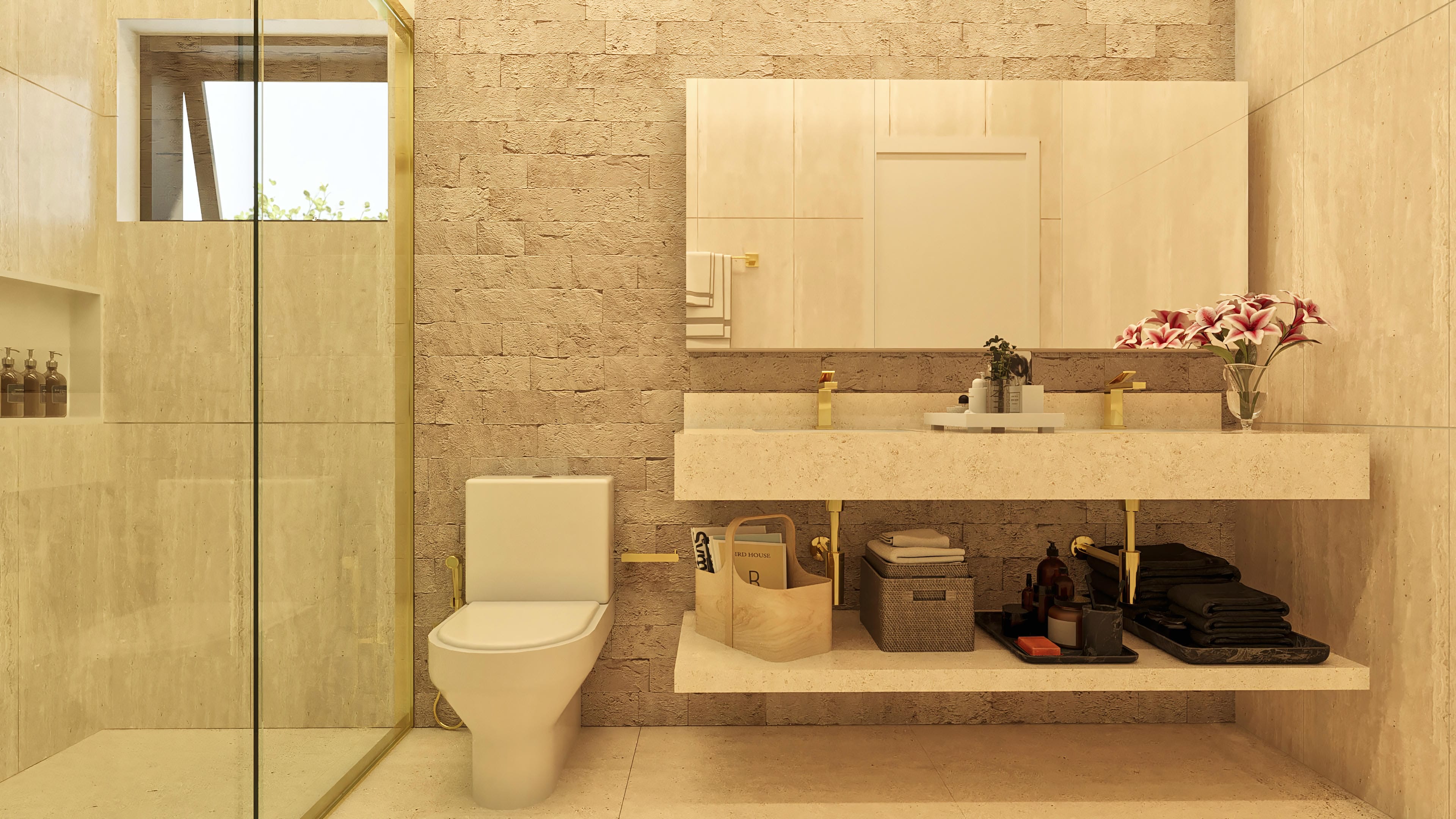 Bathroom with textured beige stone cladding, suspended marble countertop, double sinks, gold faucets, and tempered glass shower enclosure.