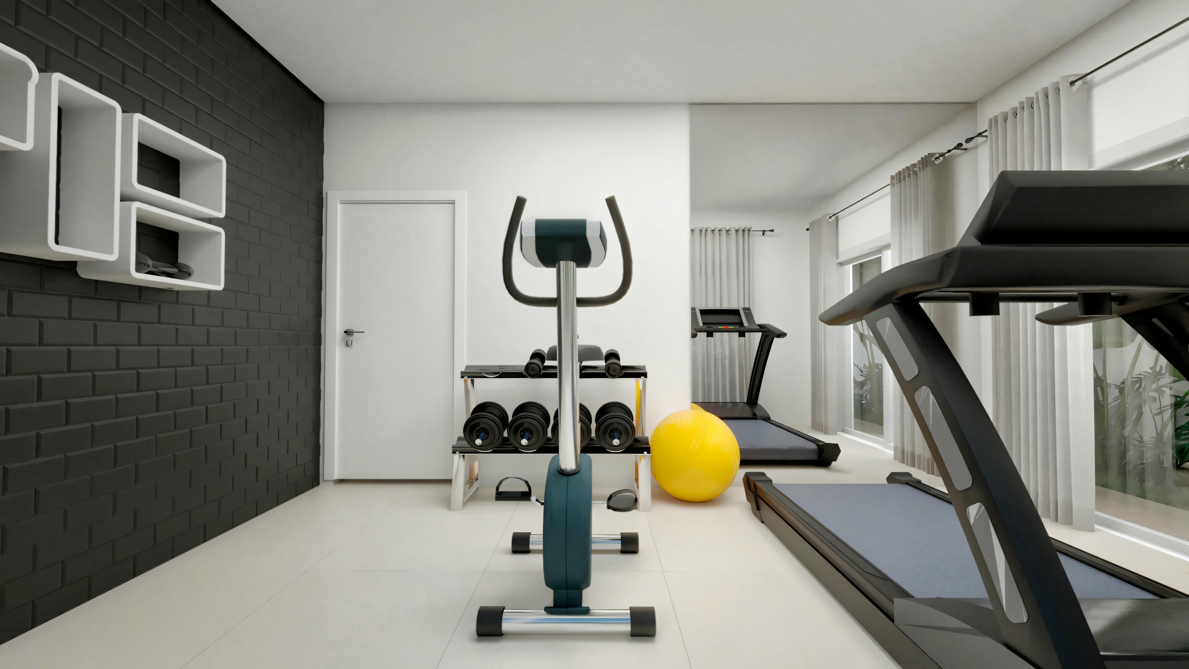 Vista interior del gimnasio residencial con pared oscura texturizada con estantes decorativos blancos, bicicleta elíptica, cinta de correr, mancuernas, pelota de ejercicio, puerta blanca y espejo en la pared derecha reflejando la ventana.