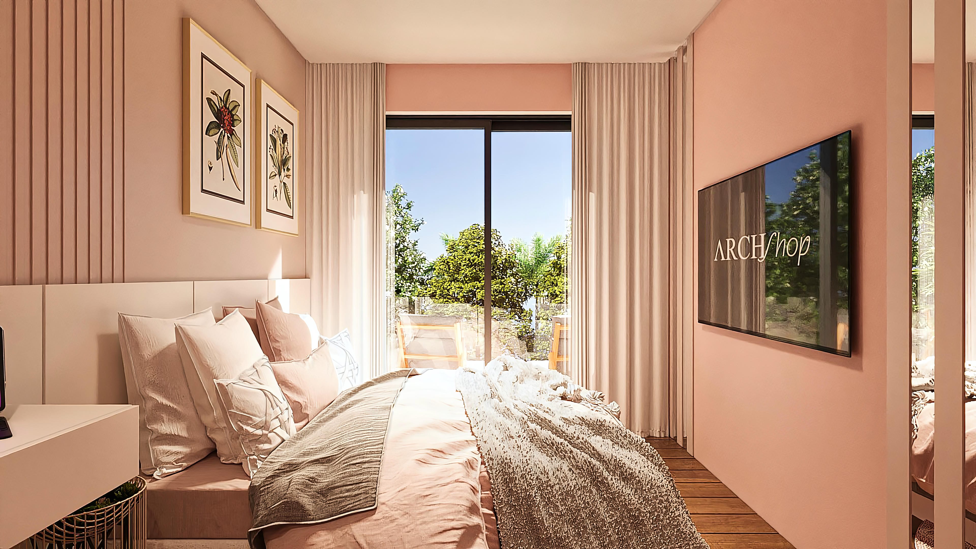 Master bedroom of a neoclassical two-story house with salmon walls, slatted panel headboard, and French doors with access to the balcony.