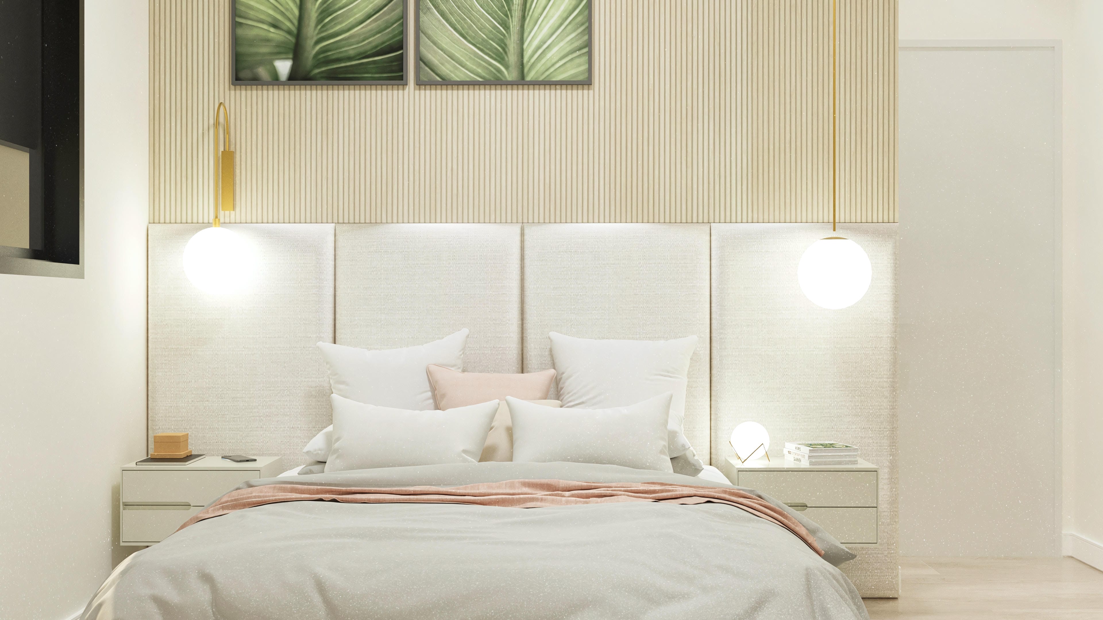 Interior of a suite bedroom with a queen size bed, upholstered headboard, and modern nightstand.