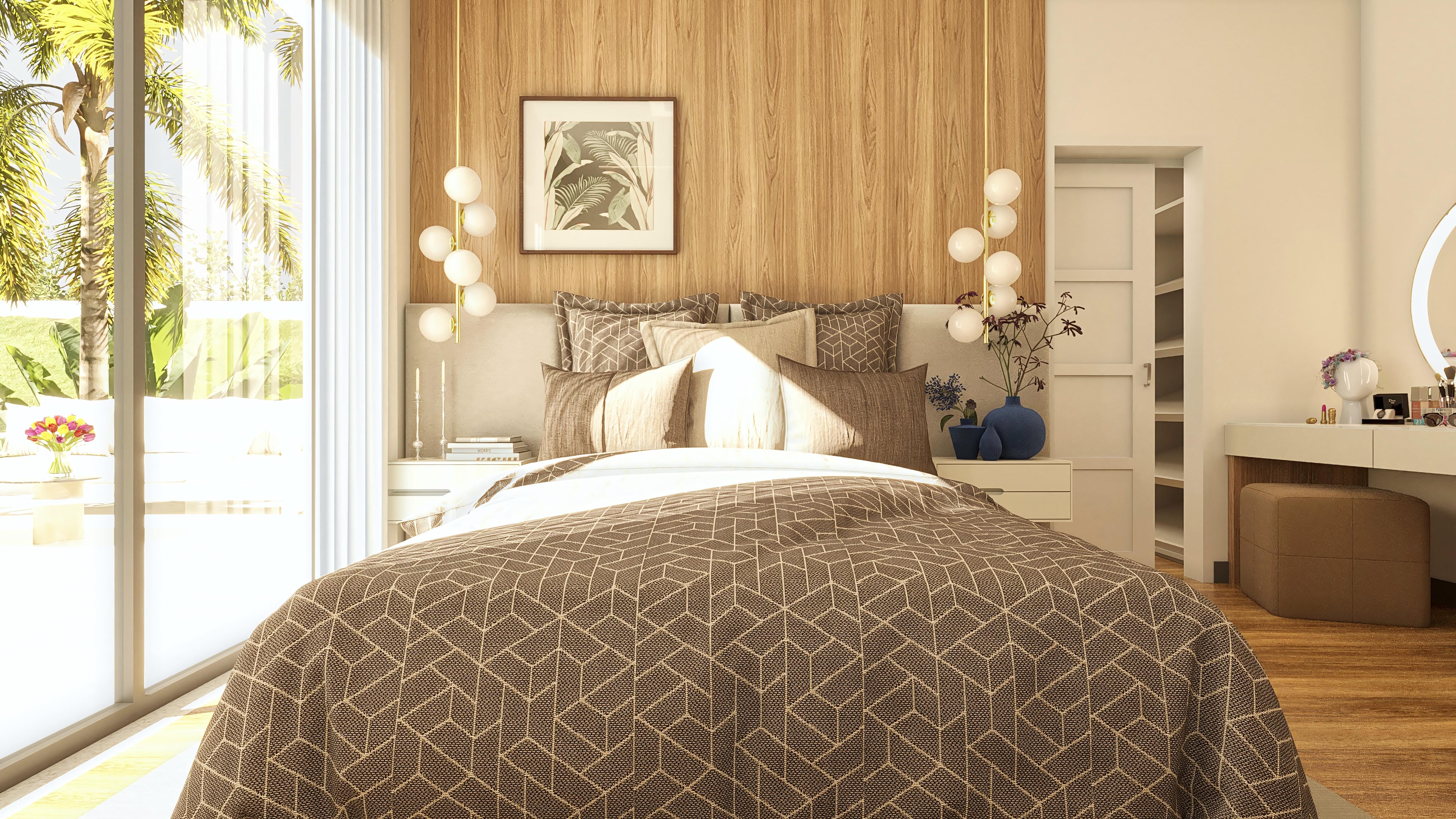 Interior of a modern bedroom with a king-size bed, upholstered headboard in a neutral tone, wood-clad wall, and a large window overlooking a wooded outdoor area.
