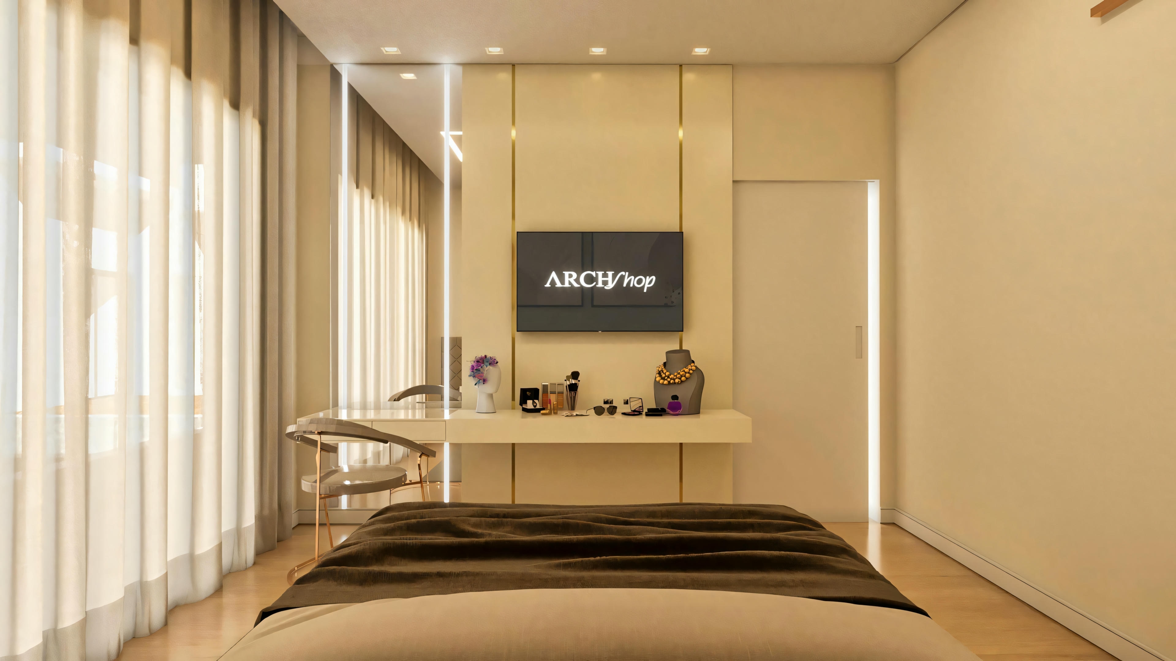 Angle of the master suite in a luxury house project, focusing on the TV panel with an integrated vanity, designer chair, and accent lighting. One of the 4 suites in the residence.