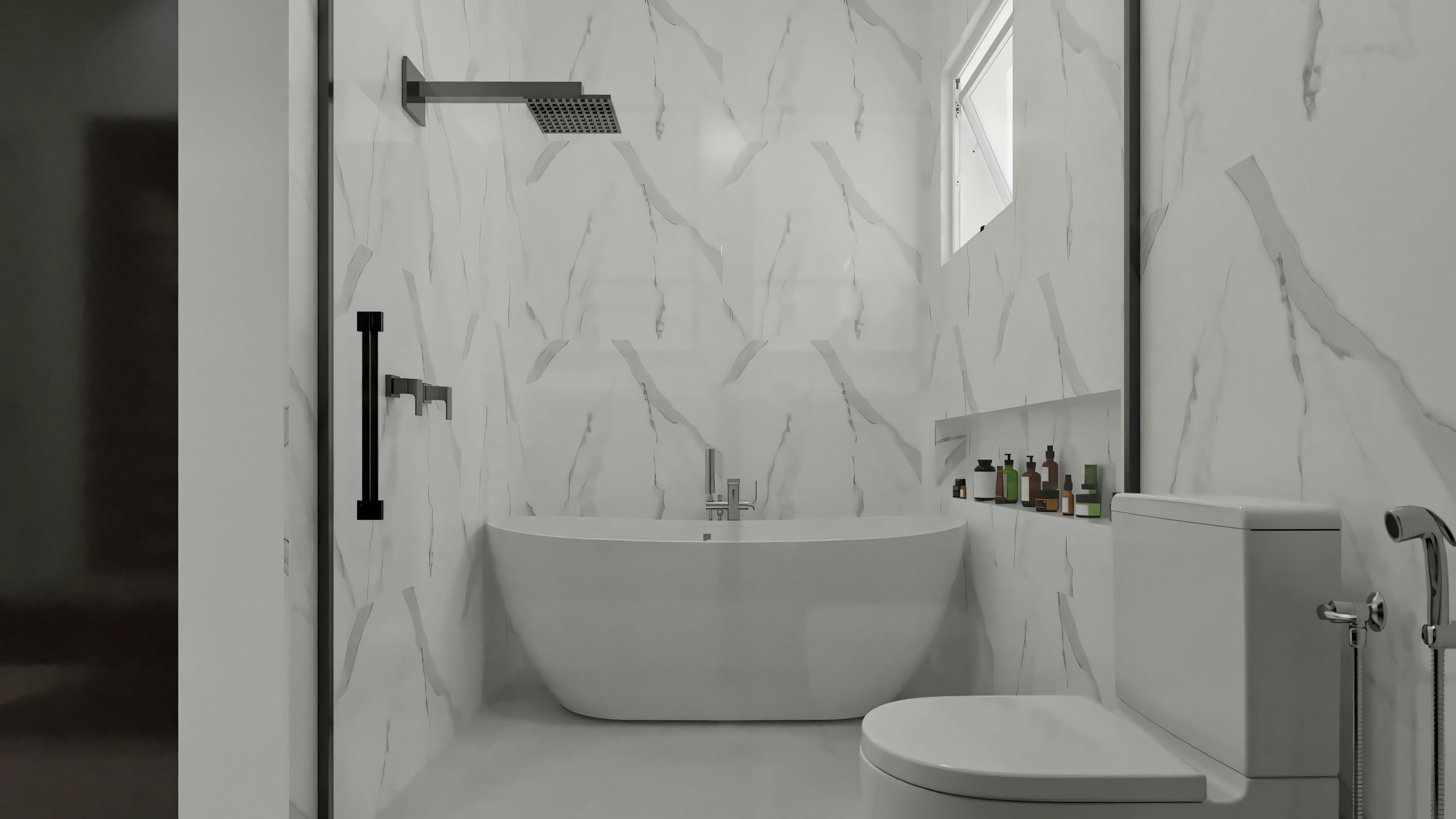 Master suite bathroom with modern freestanding bathtub (freestanding) within the shower area, creating a wet room. Part of Archshop's residential project with 3 suites and 5 bathrooms, with niche and light marble-like coating.