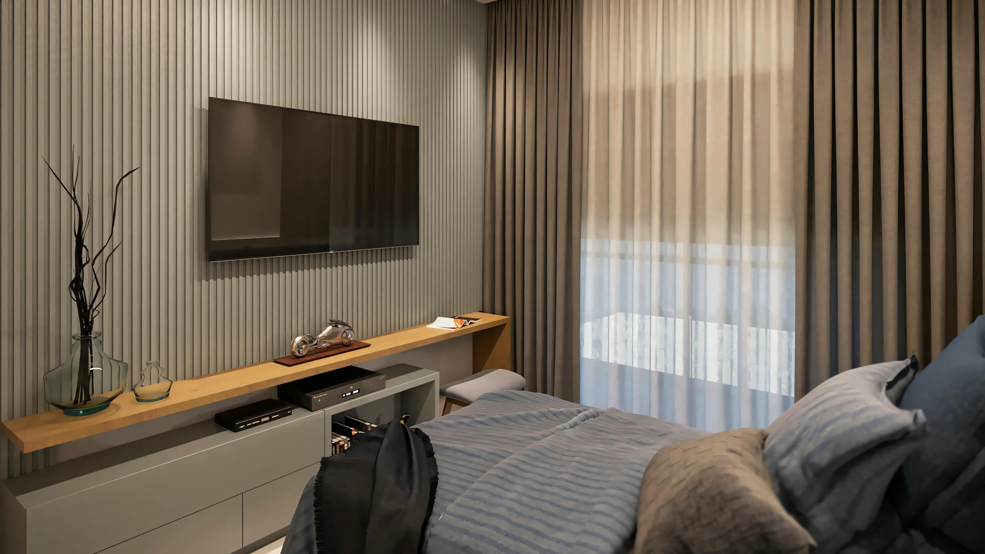 Modern bedroom with a bed, side tables, and lamps.