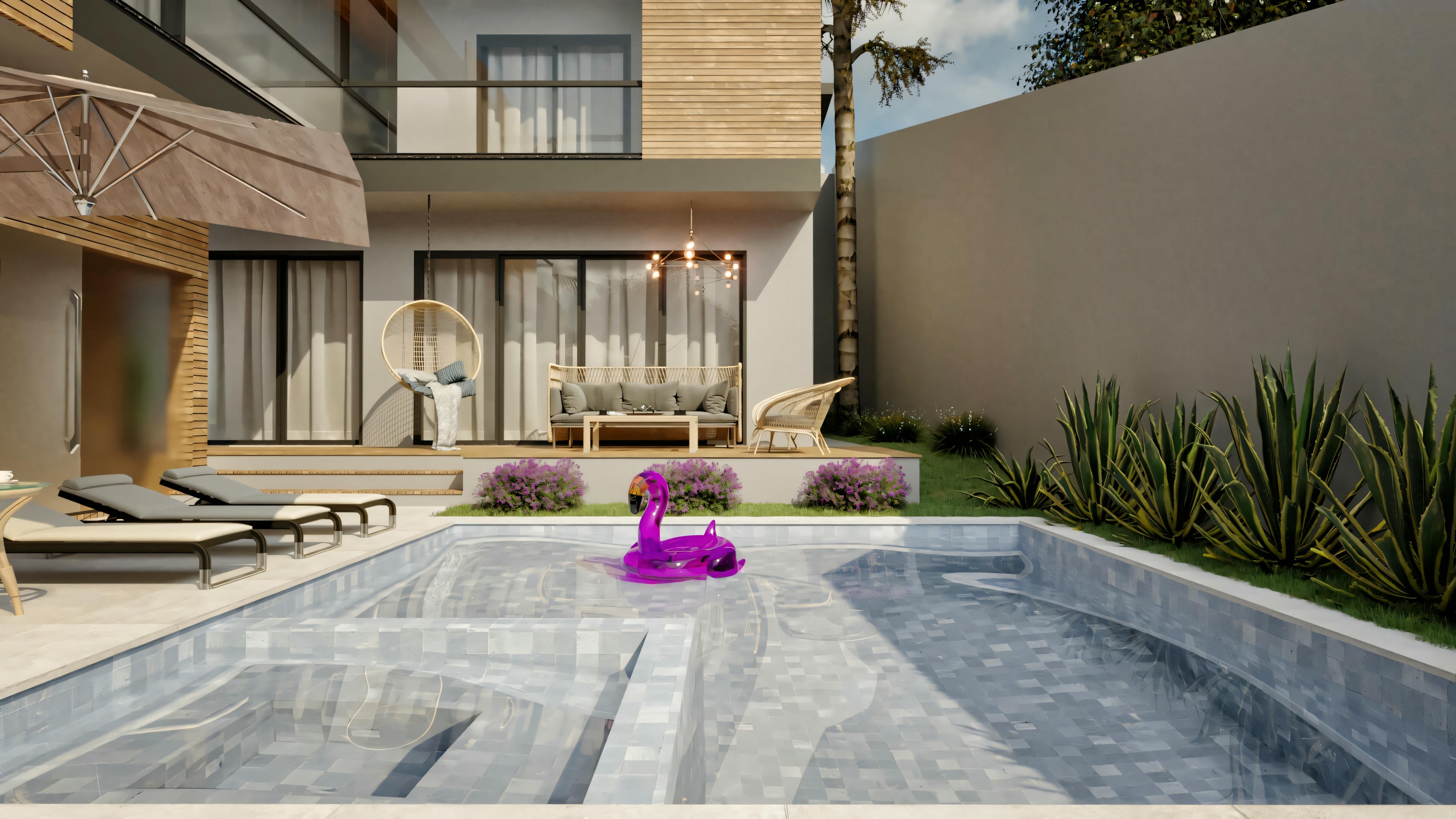 Pool with tile cladding and raised wooden deck with seating area, part of the modern 4-suite, pool, and gourmet area ground floor house project.