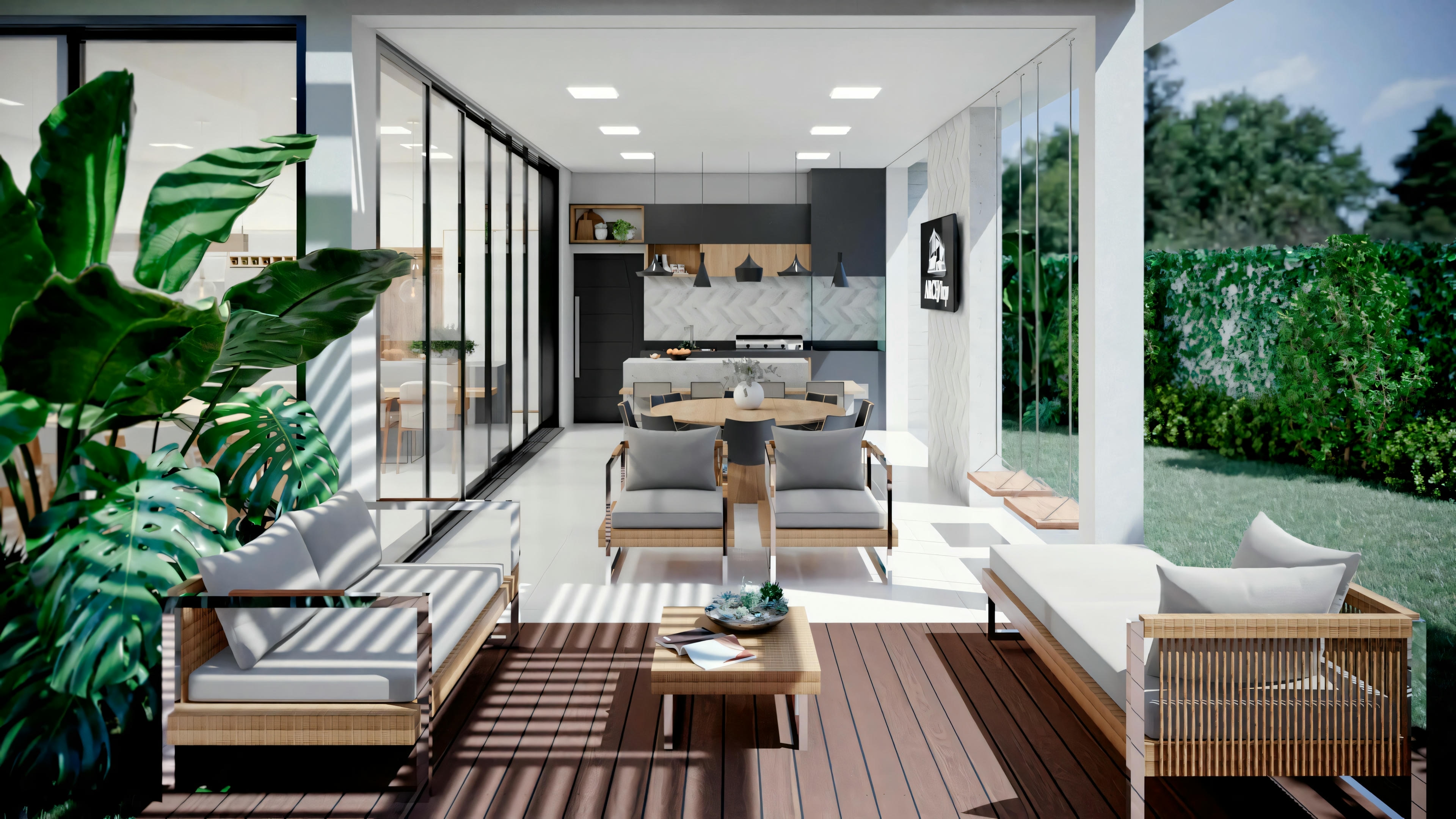 Modern living room viewed from an outdoor patio through glass doors, with a white sofa, chairs, and coffee table, leading to an indoor dining area.