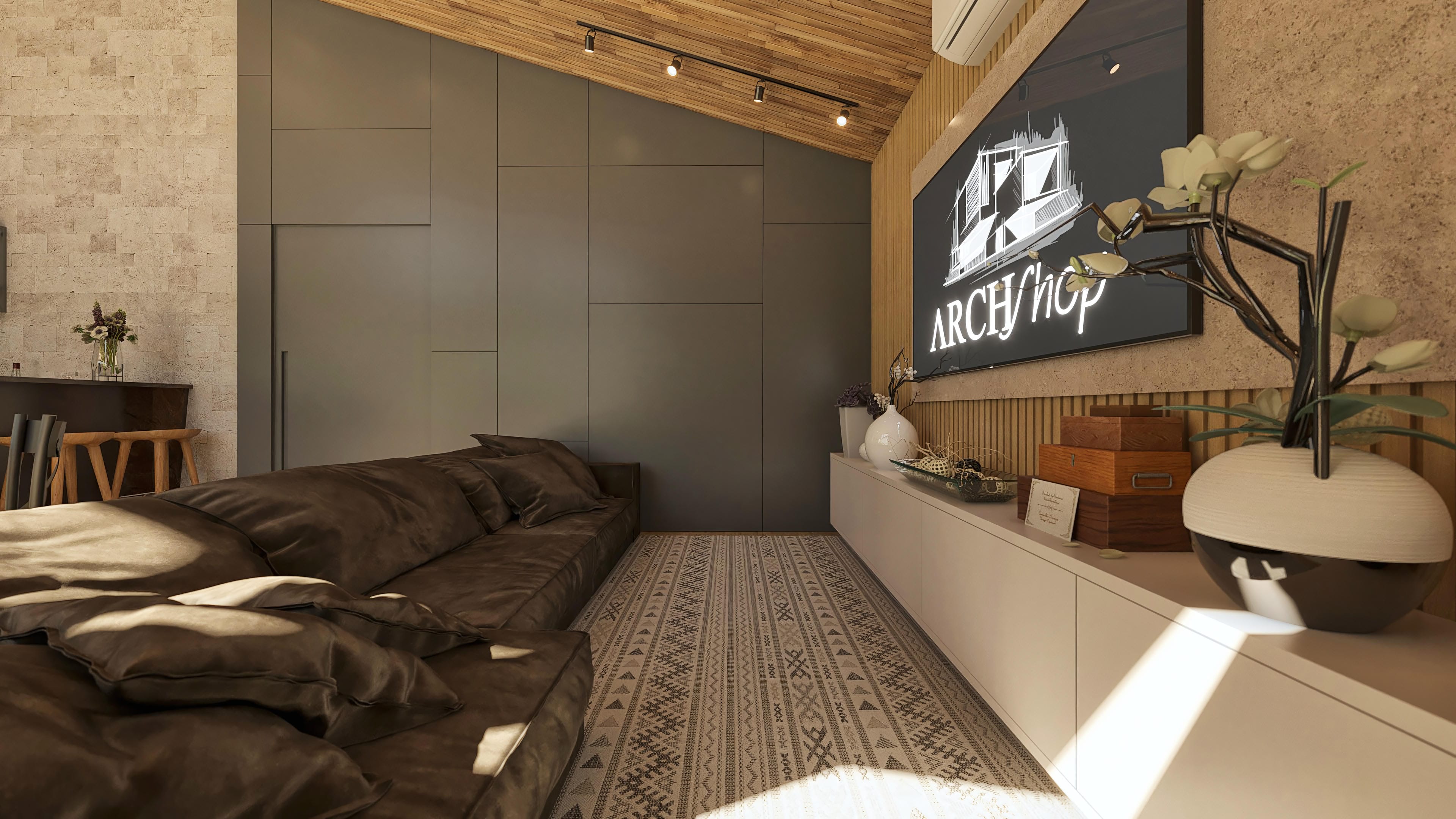 Modern house interior with a cozy brown sofa, exposed wood roof, neutral-toned walls, and track lighting.