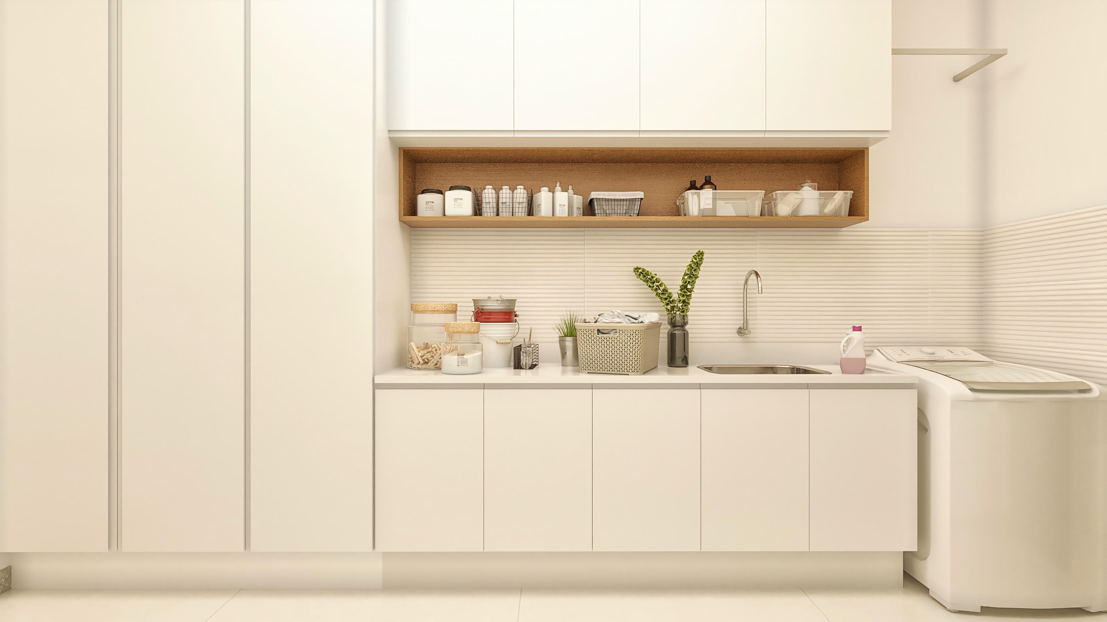Modern interior with custom cabinets in neutral tones, quartz countertop, and woody details, integrating functionality and elegance.