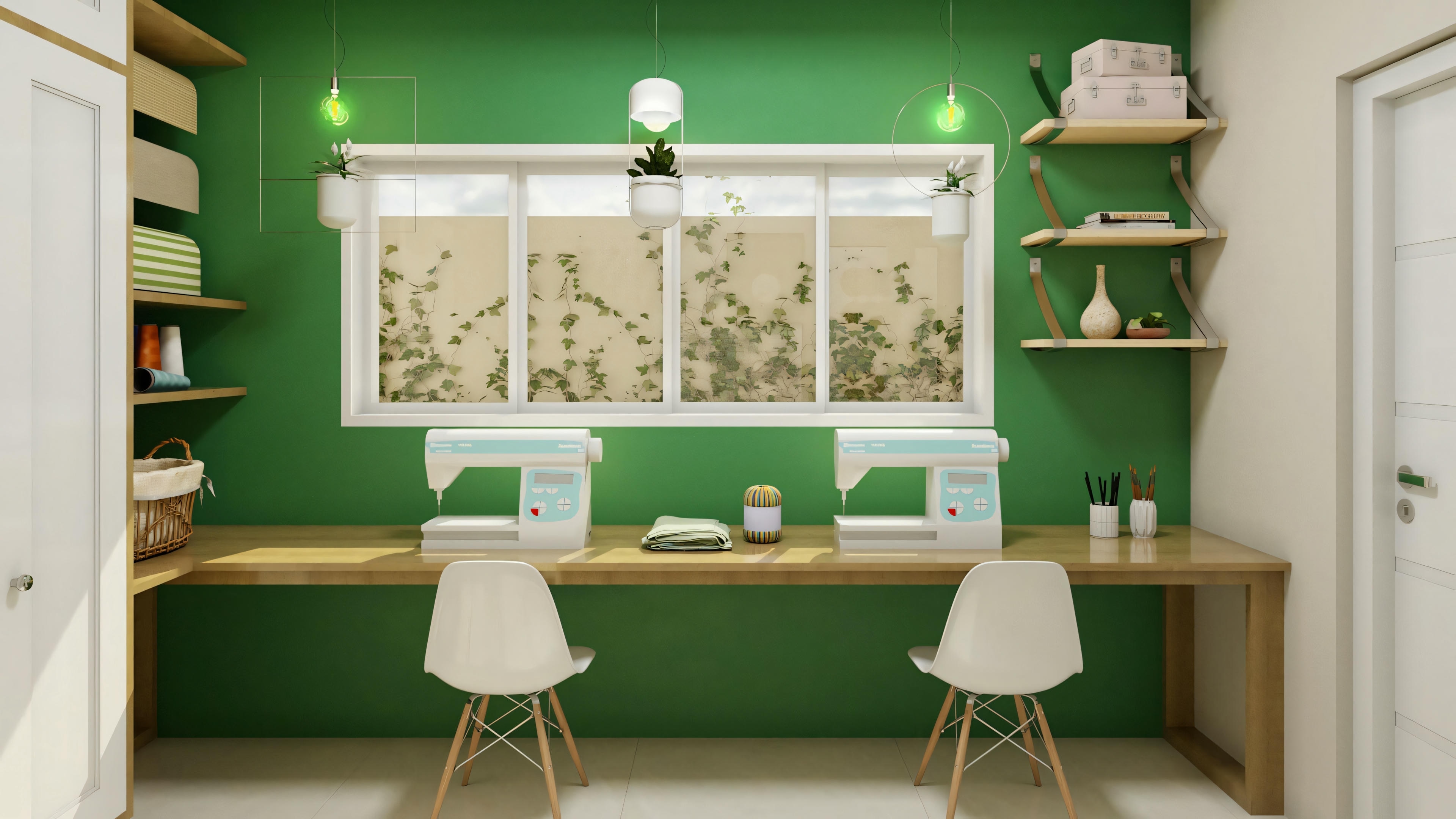 Una oficina moderna con pared verde, mesa blanca y dos sillas, decorada con estanterías y plantas.