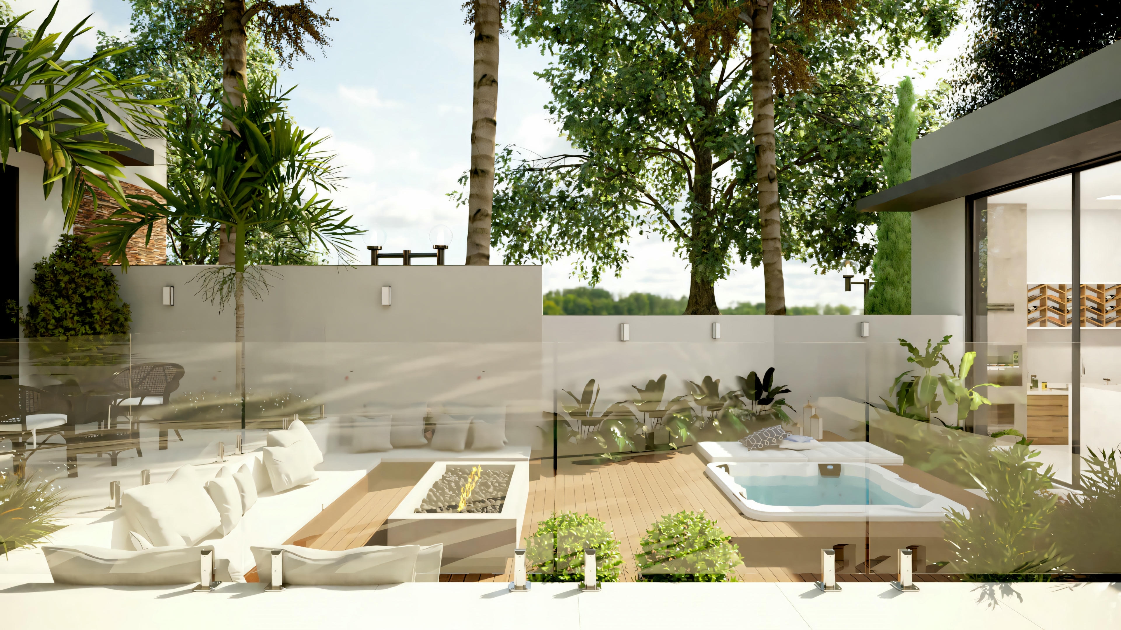 Outdoor area with a pool, lounge chairs, and a garden surrounded by a wall and vegetation.