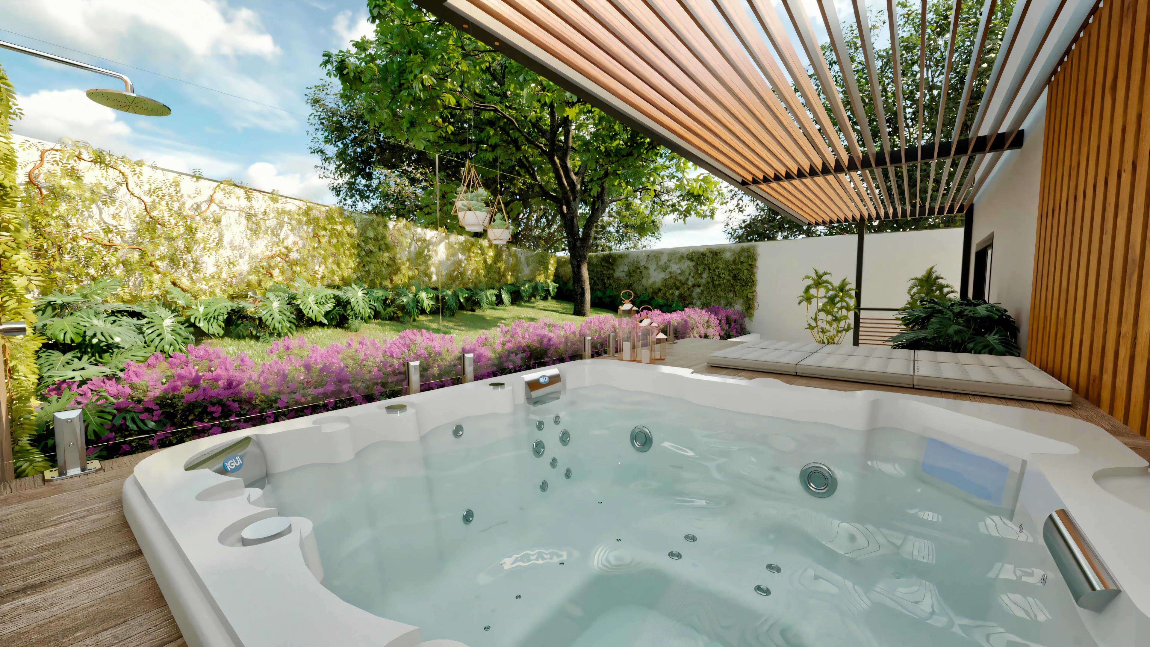 An outdoor hot tub with a wooden pergola, surrounded by lush greenery and flowers.