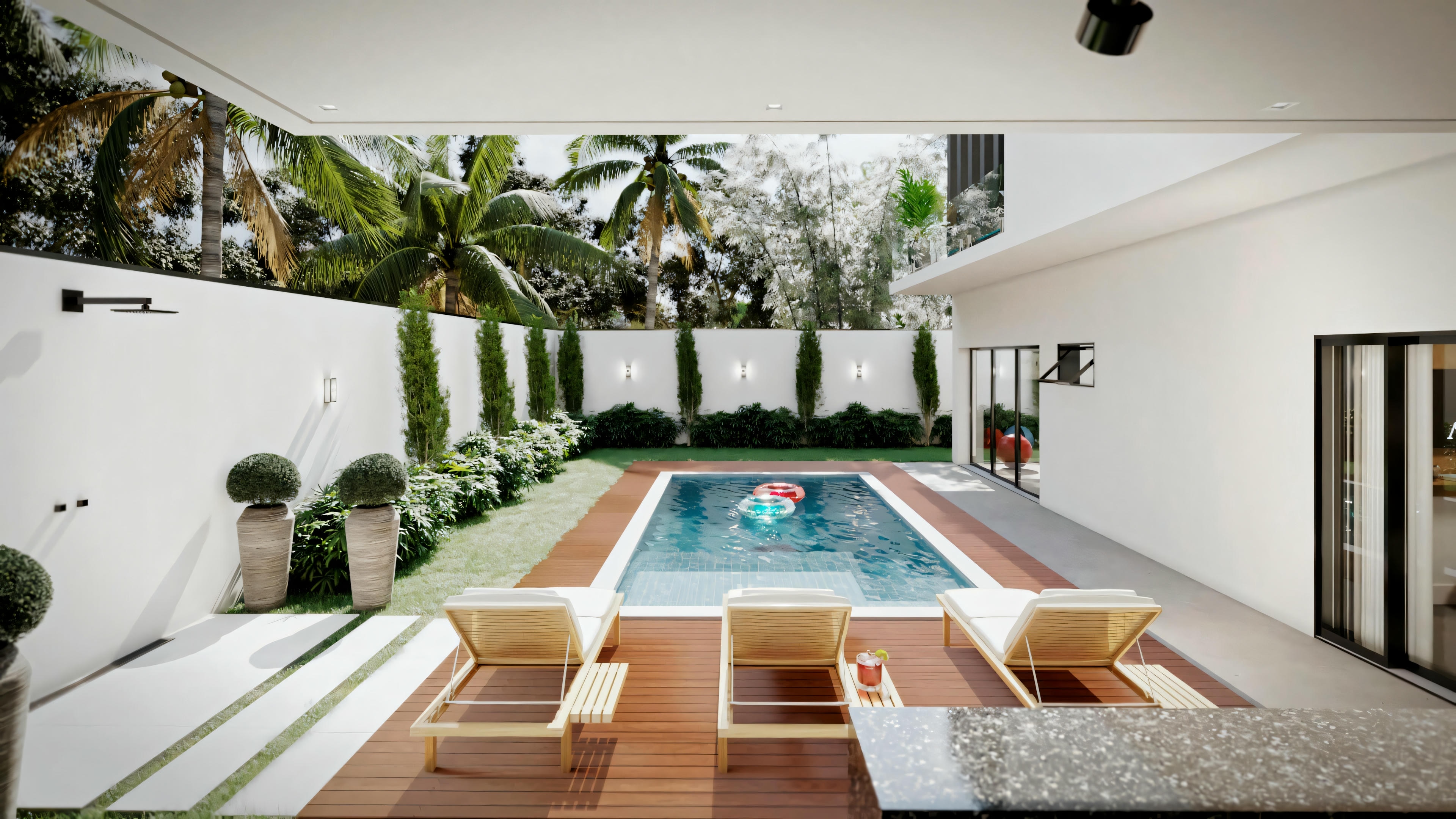 Pool area with chairs around it, greenery, and a covered patio with pendant lights.