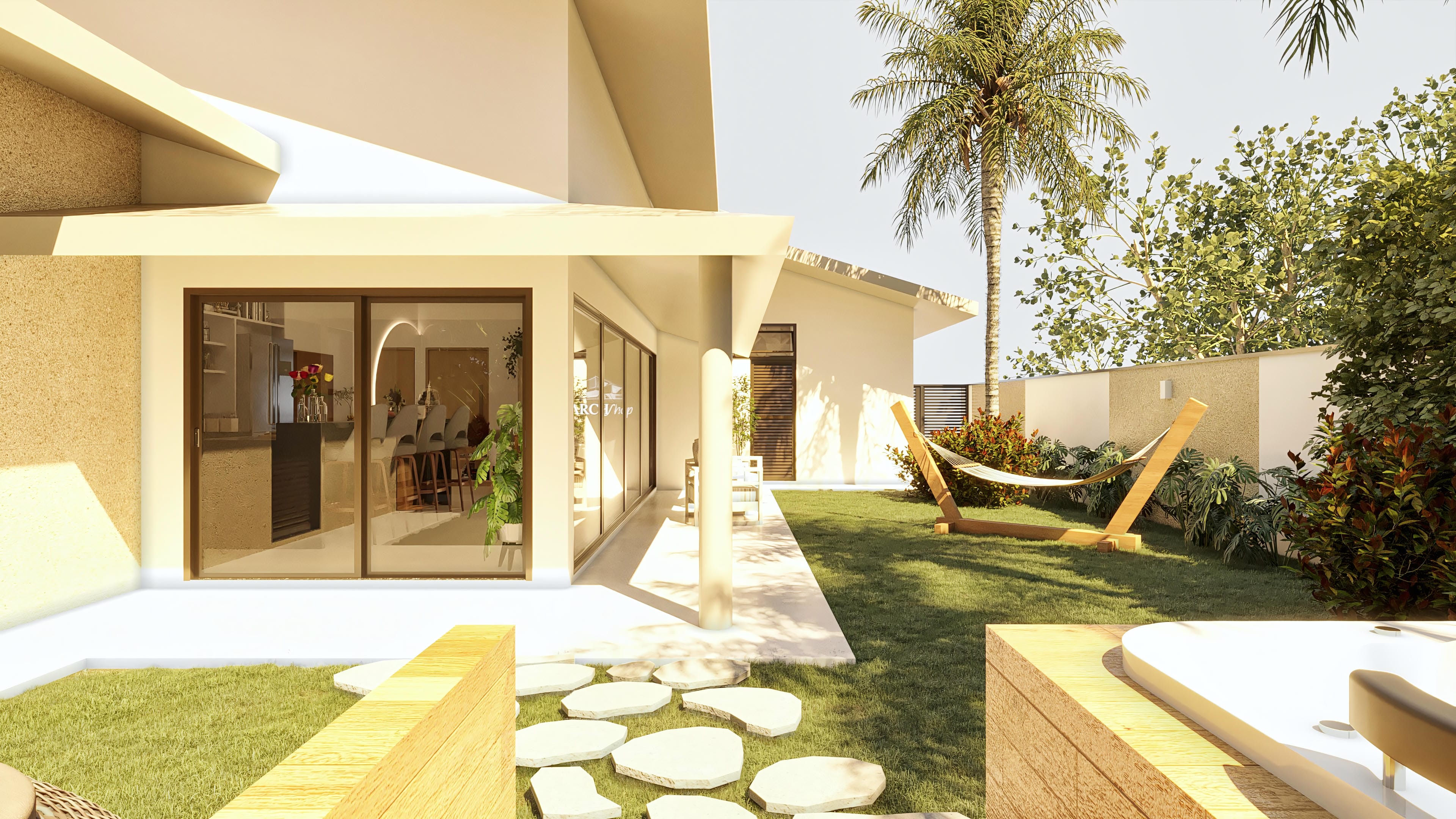 Visão externa de casa térrea moderna com fachada em tons claros, laje inclinada e grandes janelas de vidro. Área gourmet com balcão aparente e espaço de lazer externo com hidromassagem e rede.