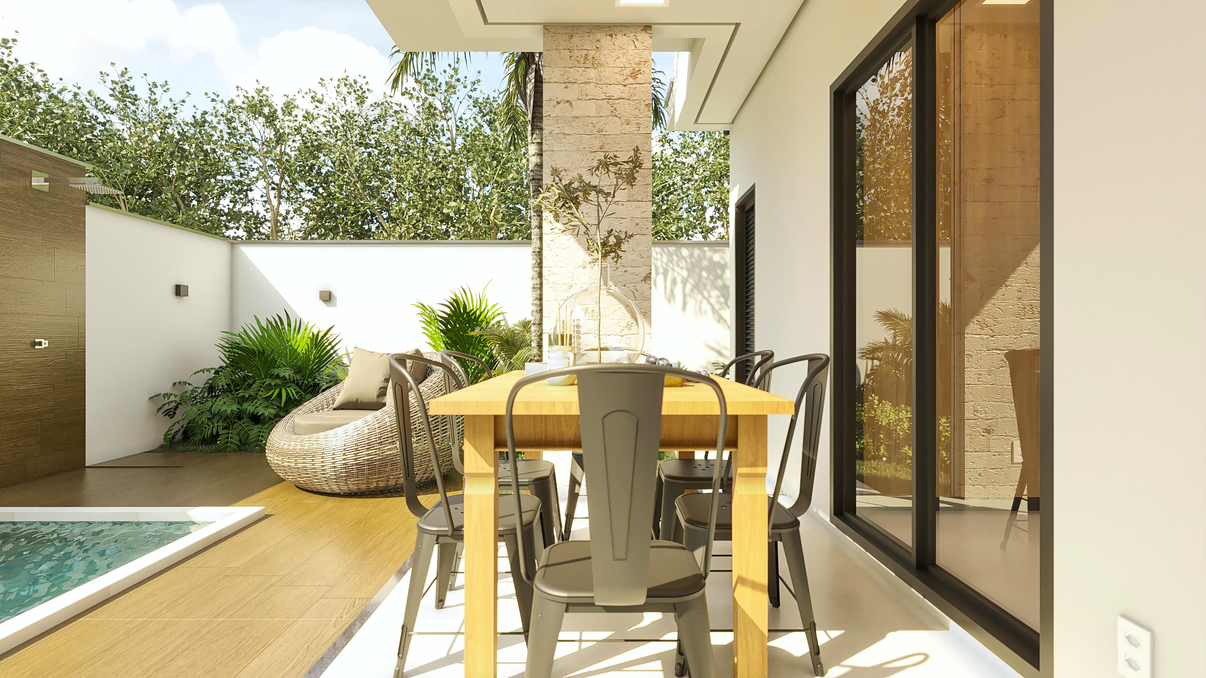 Área externa de sobrado moderno com piscina, churrasqueira, mesa e cadeiras, e mobiliário confortável.