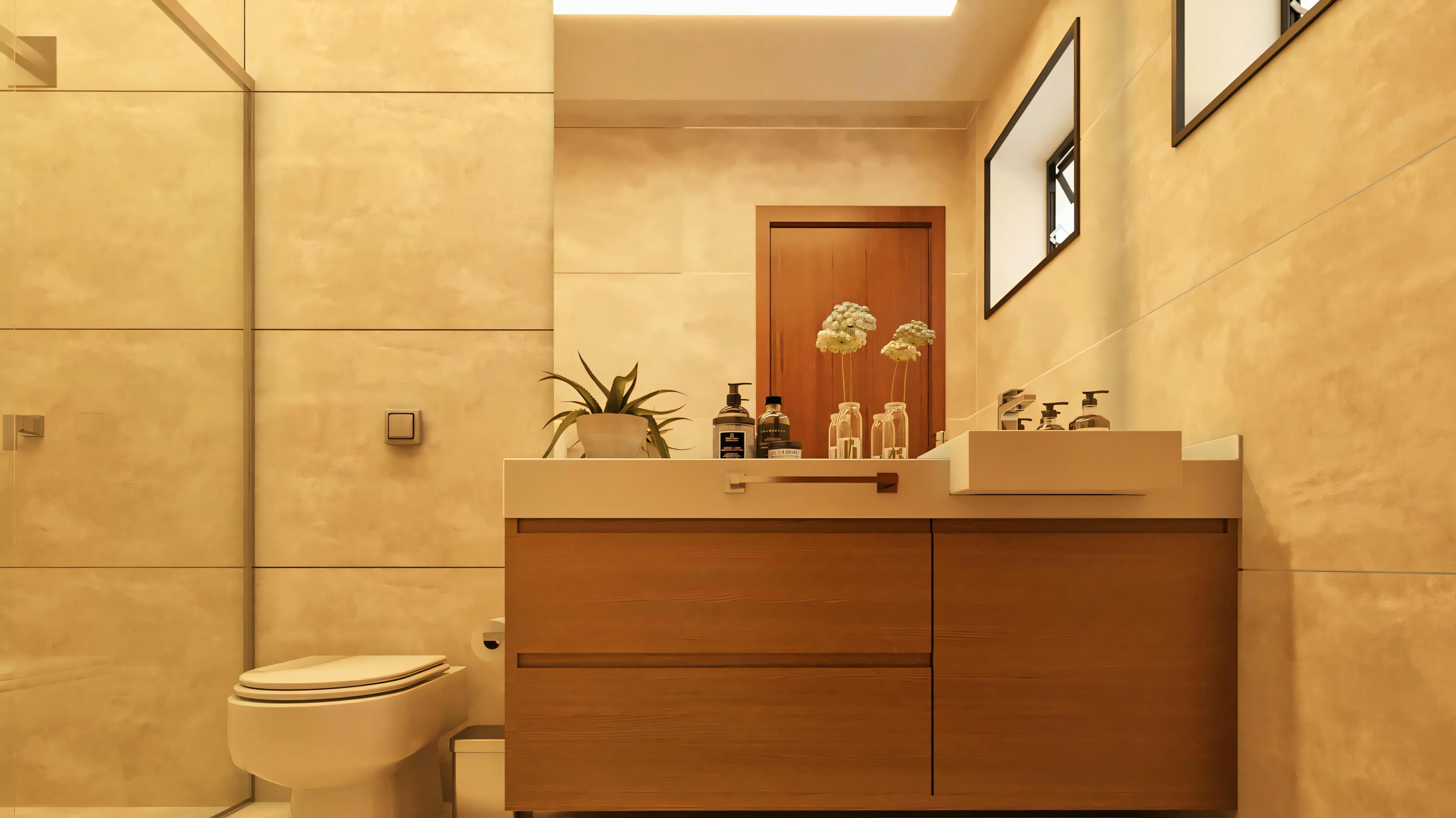 Baño de suite en proyecto de casa moderna con 4 suites, presentando mueble con paneles amaderados, mesada clara con lavamanos sobrepuesto, espejos decorativos e inodoro. Revestimiento en porcelanato beige de gran formato en las paredes. Proyecto totaliza 555.9m² e incluye piscina.