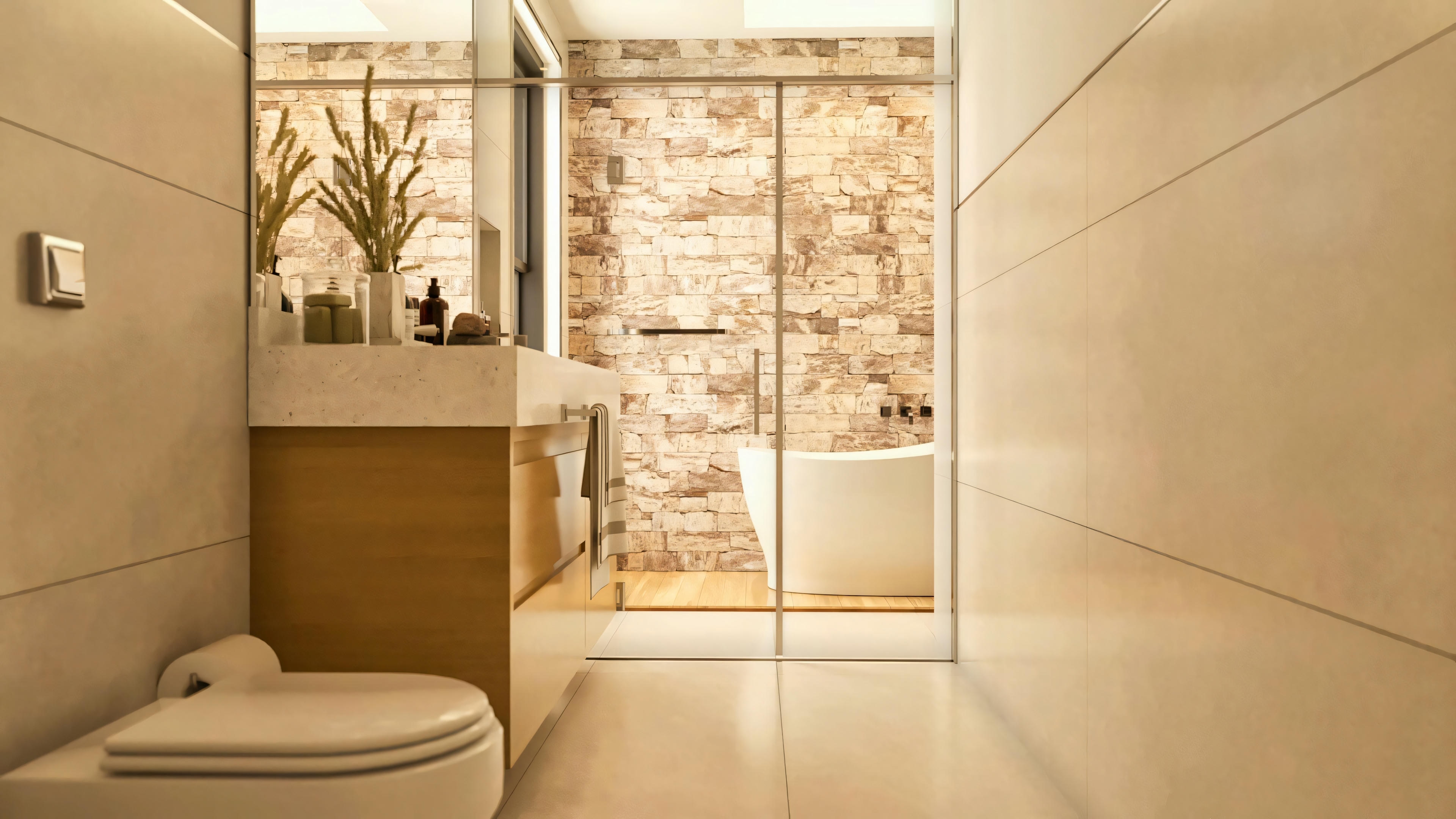 View of a suite bathroom in a 330m² two-story house project, highlighting the shower area with stone-style cladding, freestanding bathtub, and light-colored countertop. Project with 3 suites and 5 bathrooms.