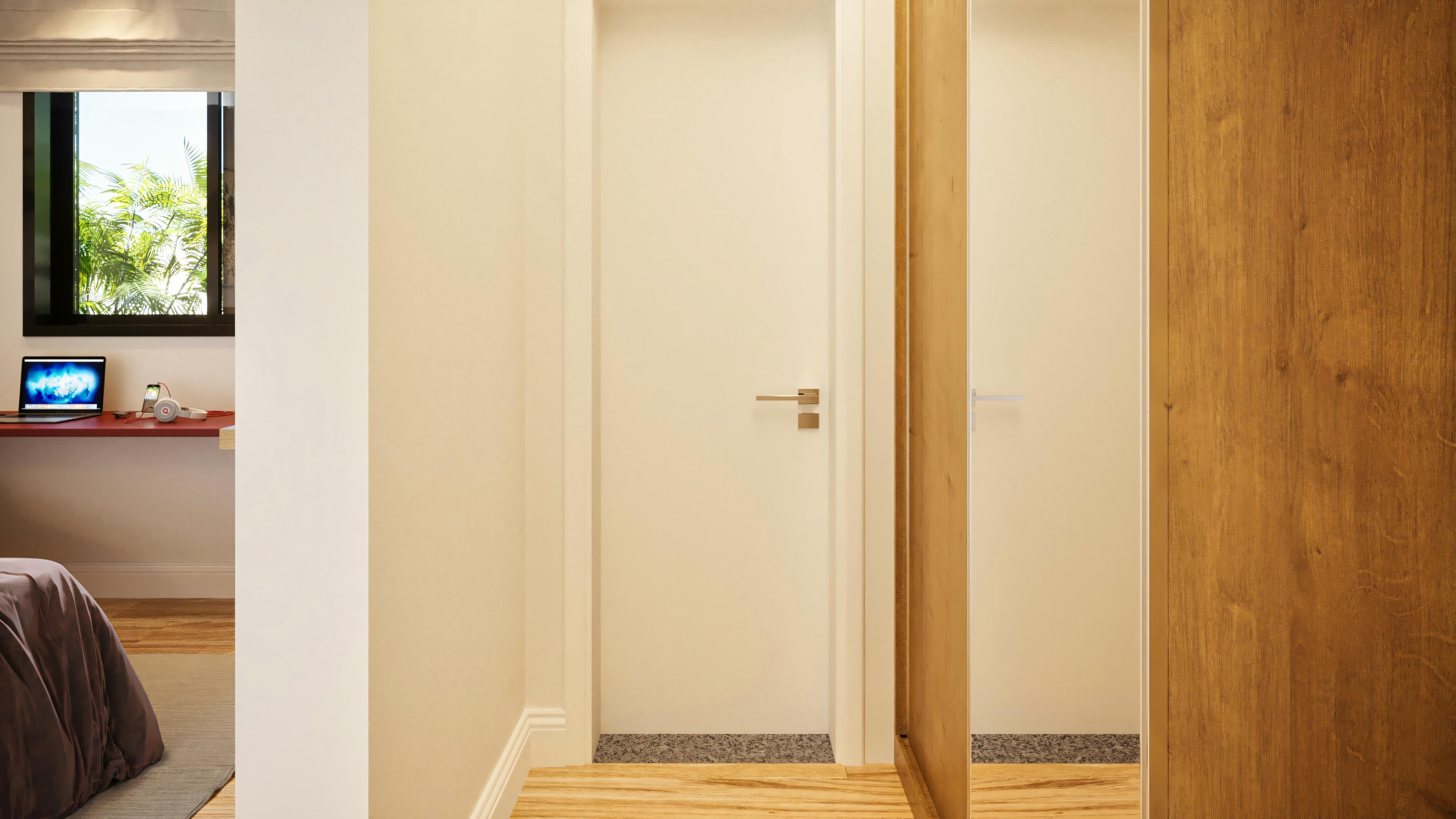 Suite access hallway with an office detail in the background, in a 3-suite single-story house with a pool and gourmet area, highlighting the functionality of the spaces.
