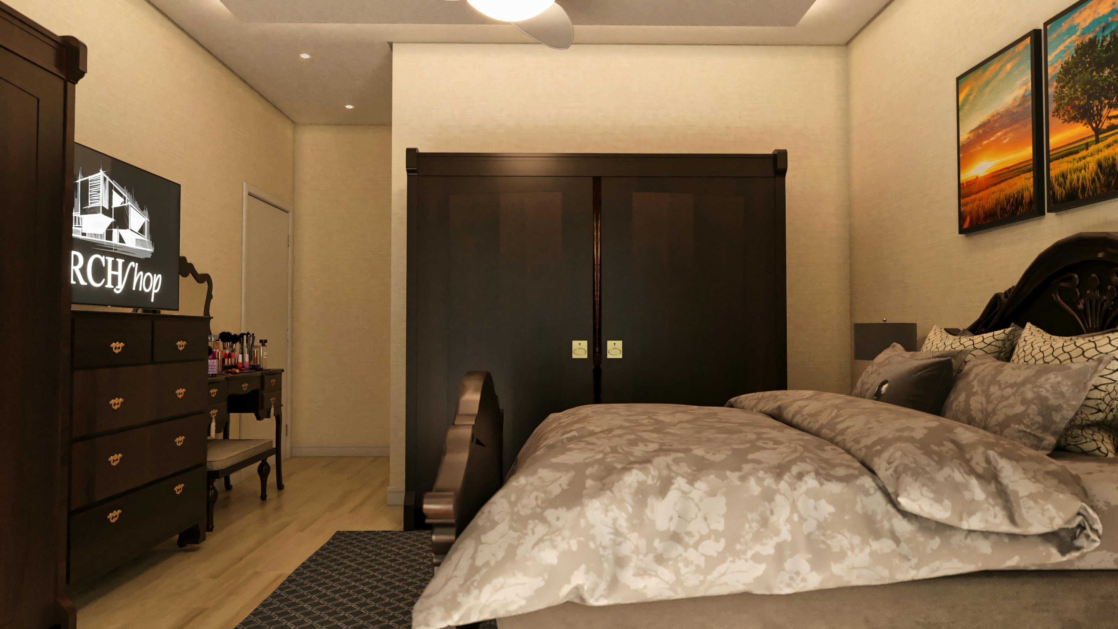Internal view of one of the 5 suites in the high-standard house, equipped with a double bed, dark wood furniture such as a dresser and vanity, TV, and a built-in two-door wardrobe.