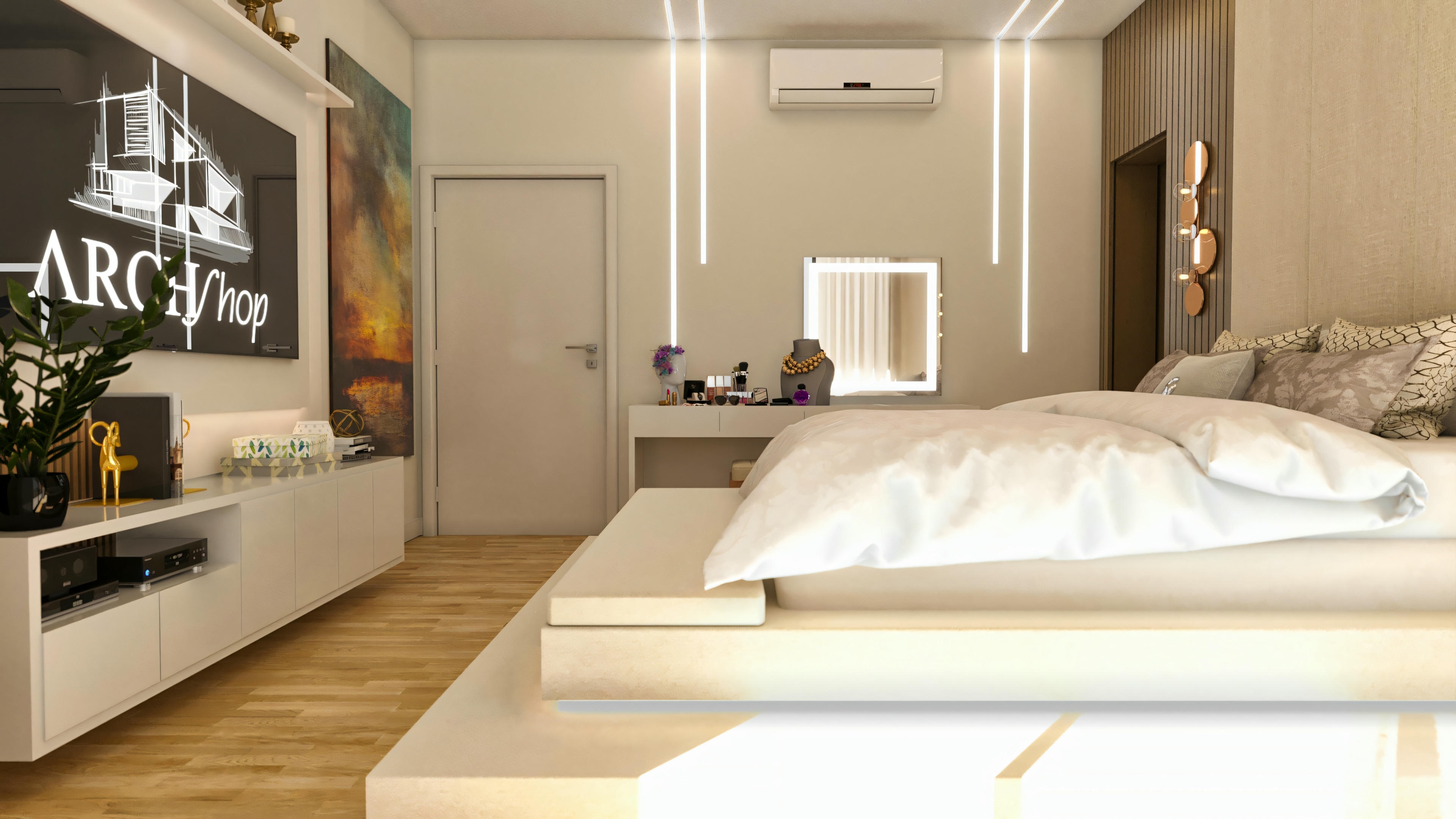 Vista de la suite principal en un proyecto de casa moderna con 4 suites, piscina y quincho, ideal para terrenos de 20x25. La imagen destaca el área de entretenimiento con TV, el tocador y la iluminación moderna de la habitación, parte de un modelo de casa con 394.84m².