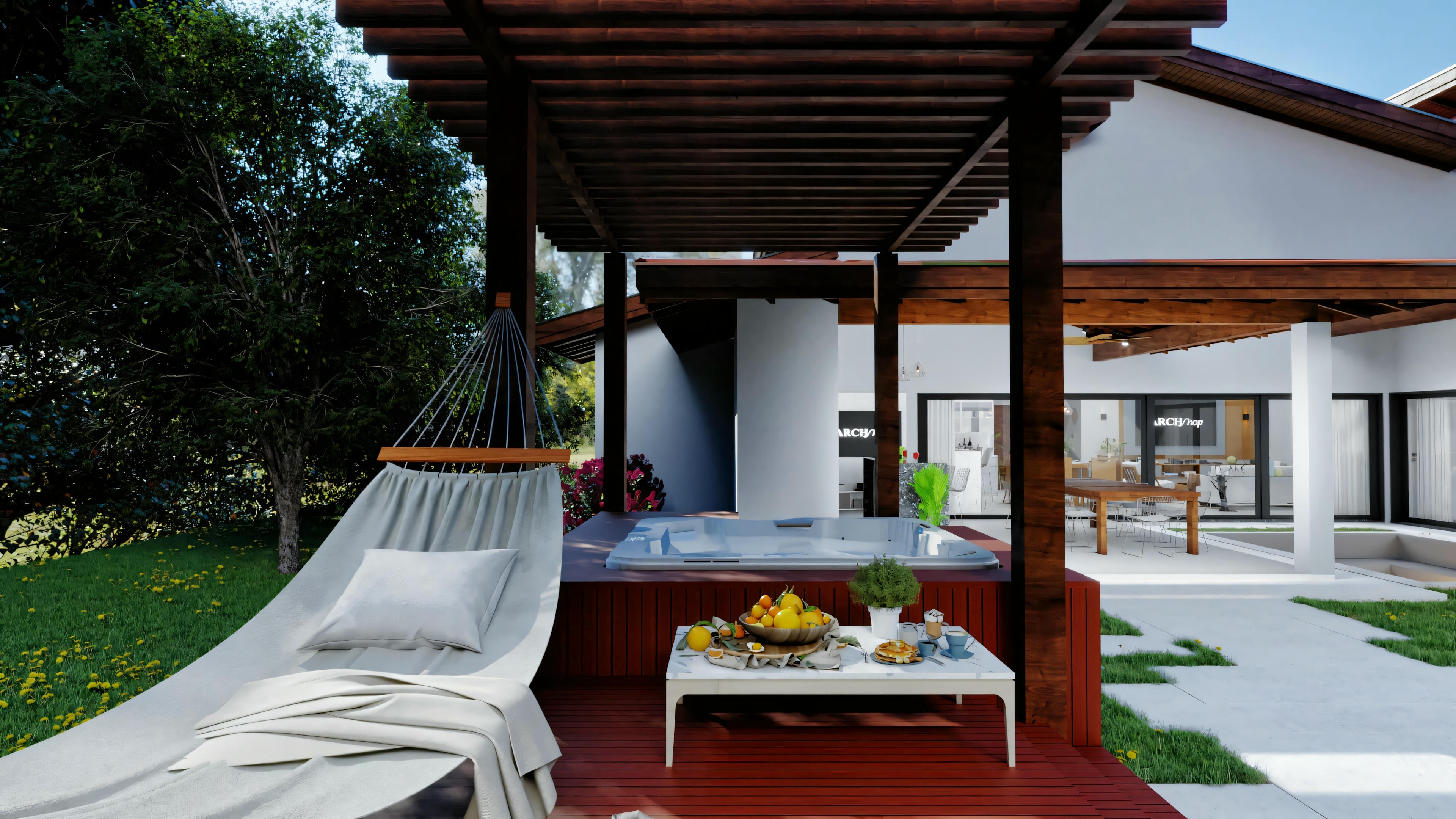 Zona de comedor al aire libre con una pérgola de madera, mesa puesta para una comida y vegetación alrededor.