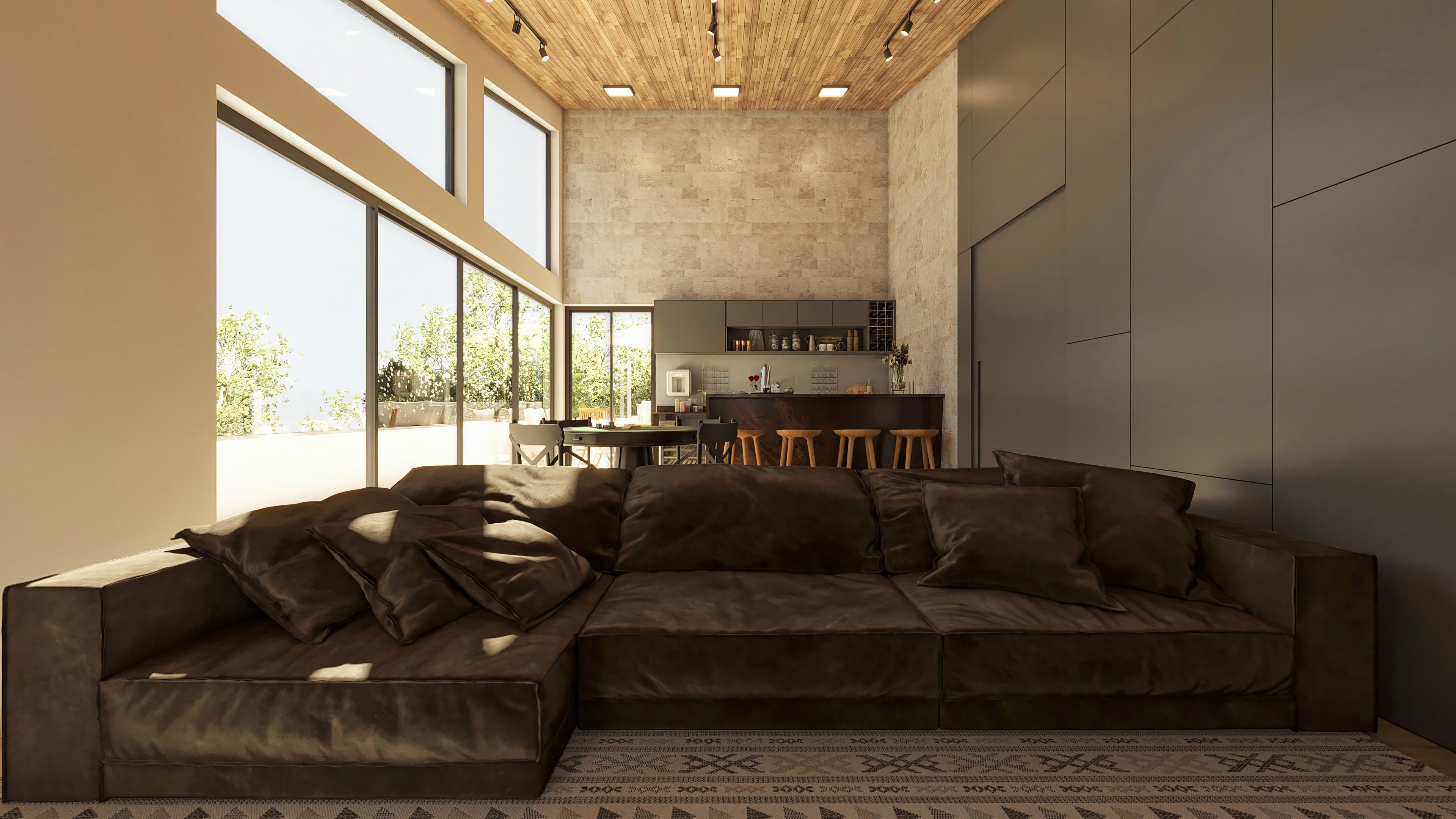 Interior de um sobrado moderno com sala de estar ampla, cozinha gourmet integrada, suíte térrea, telhado aparente e vista para área externa com piscina.