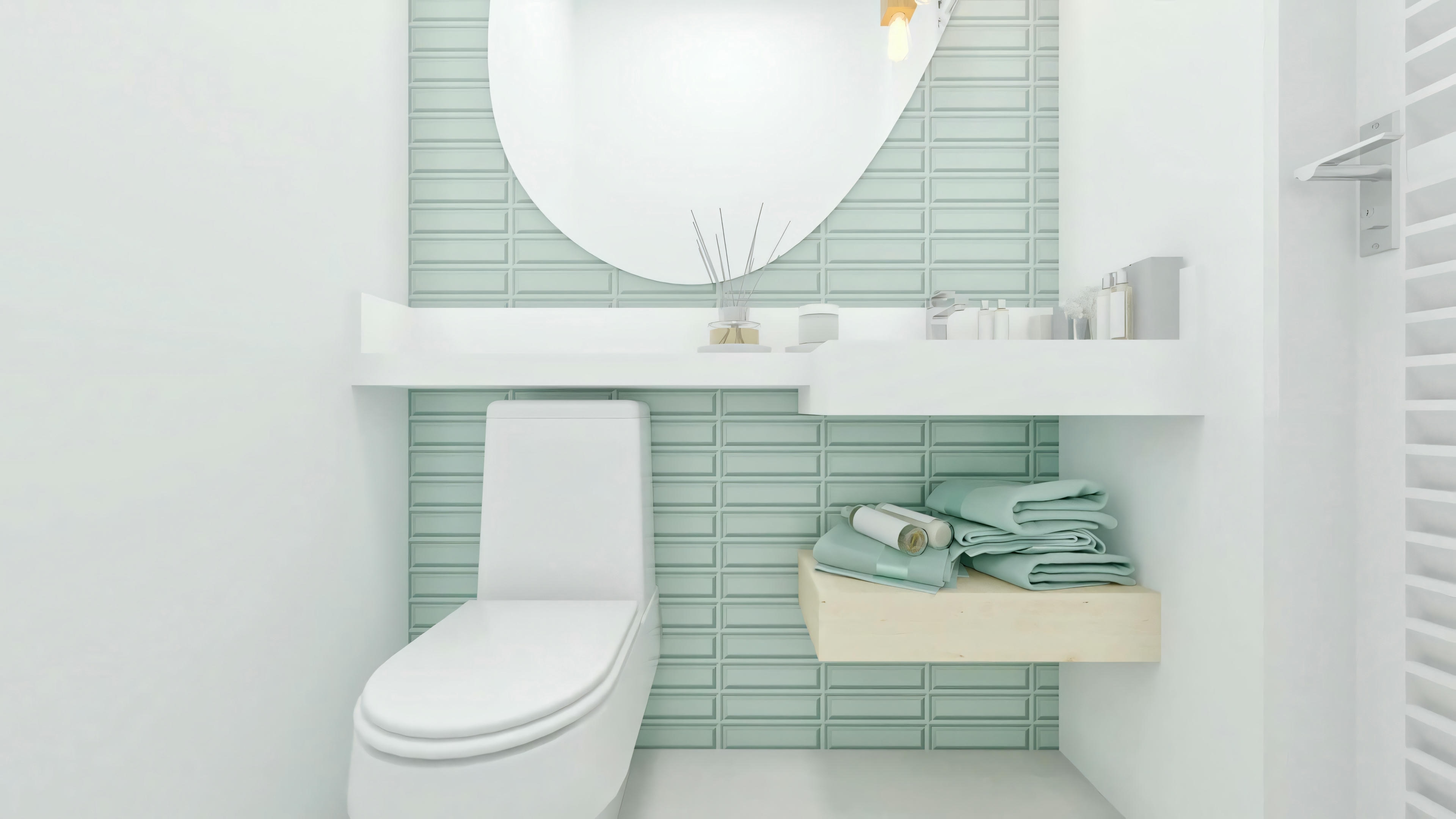 Aseo moderno con revestimiento de azulejos verdes claros en el proyecto residencial Archshop. Detalle del área del inodoro con estante decorativo blanco y espejo ovalado. Parte de la planta de casa con 5 aseos.