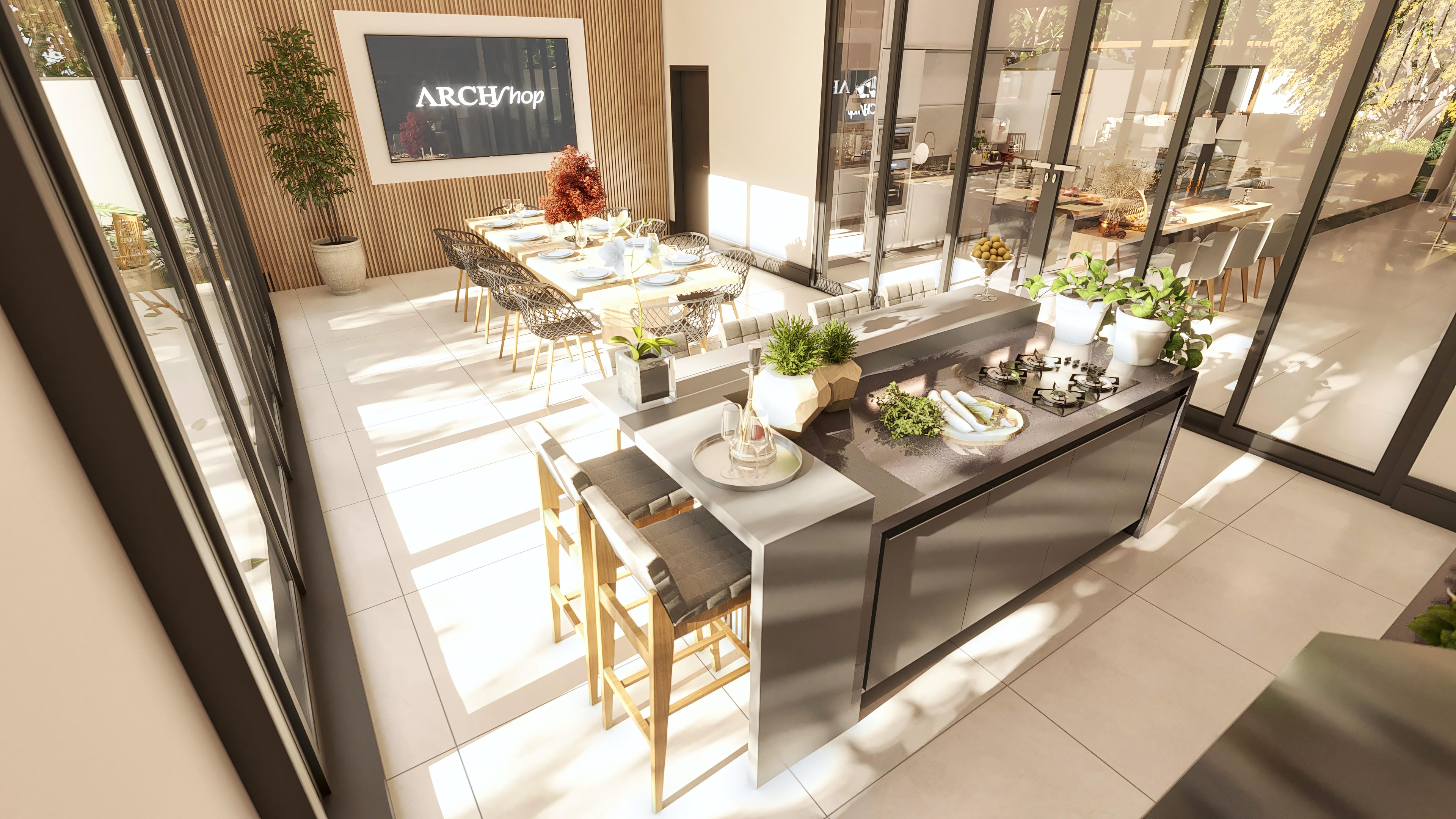 Proyecto arquitectónico de casa de una planta con comedor y cocina integrados, encimera en isla con placa de cocina y área gourmet visible a través de amplios marcos.