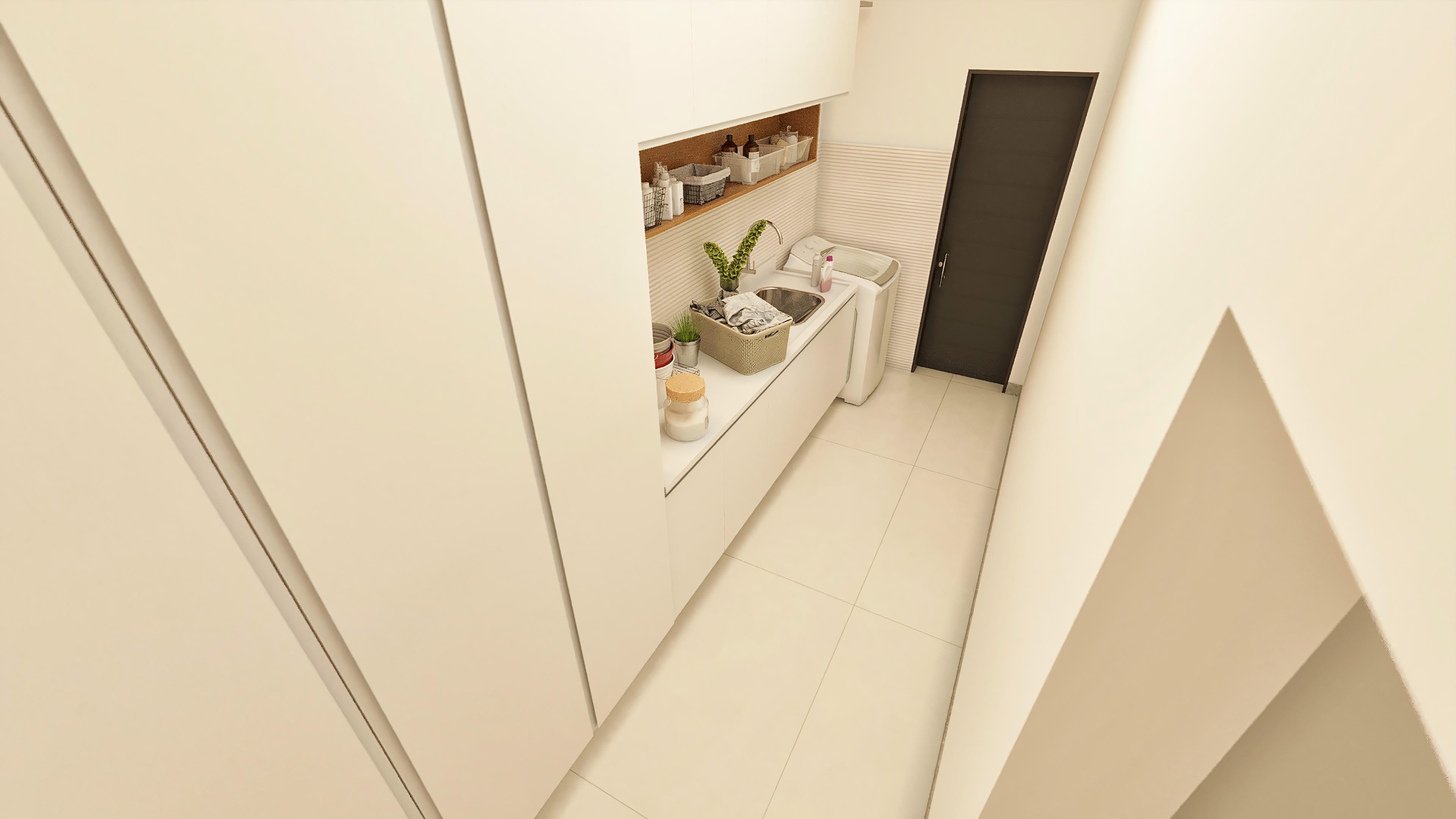 Cozinha moderna com bancada minimalista, armários brancos e detalhes em madeira, integrada a uma área de serviço funcional.