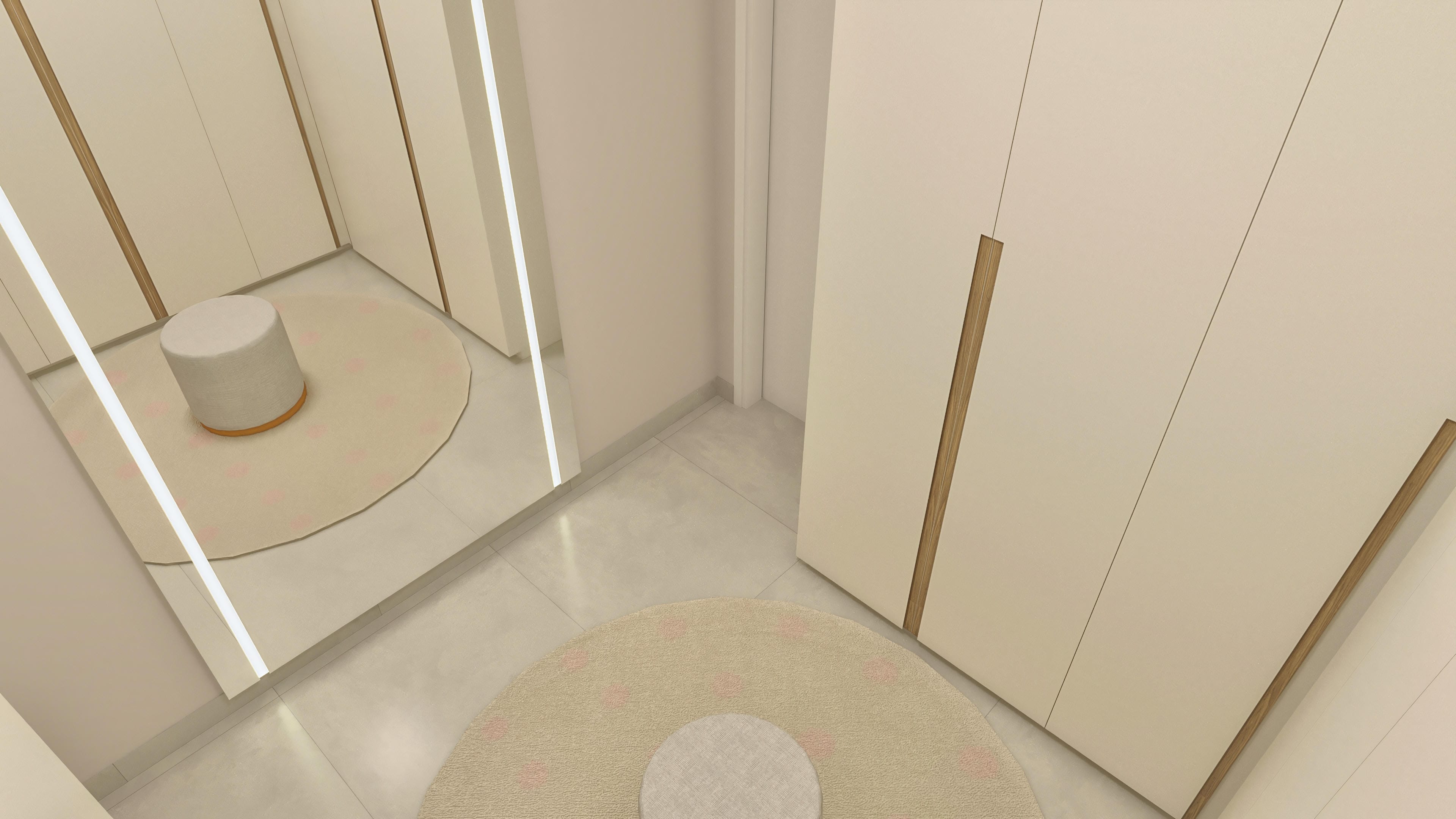 Interior of a modern closet with custom cream-toned cabinets and wood details, a large mirror with linear LED lighting, and a decorative round rug.