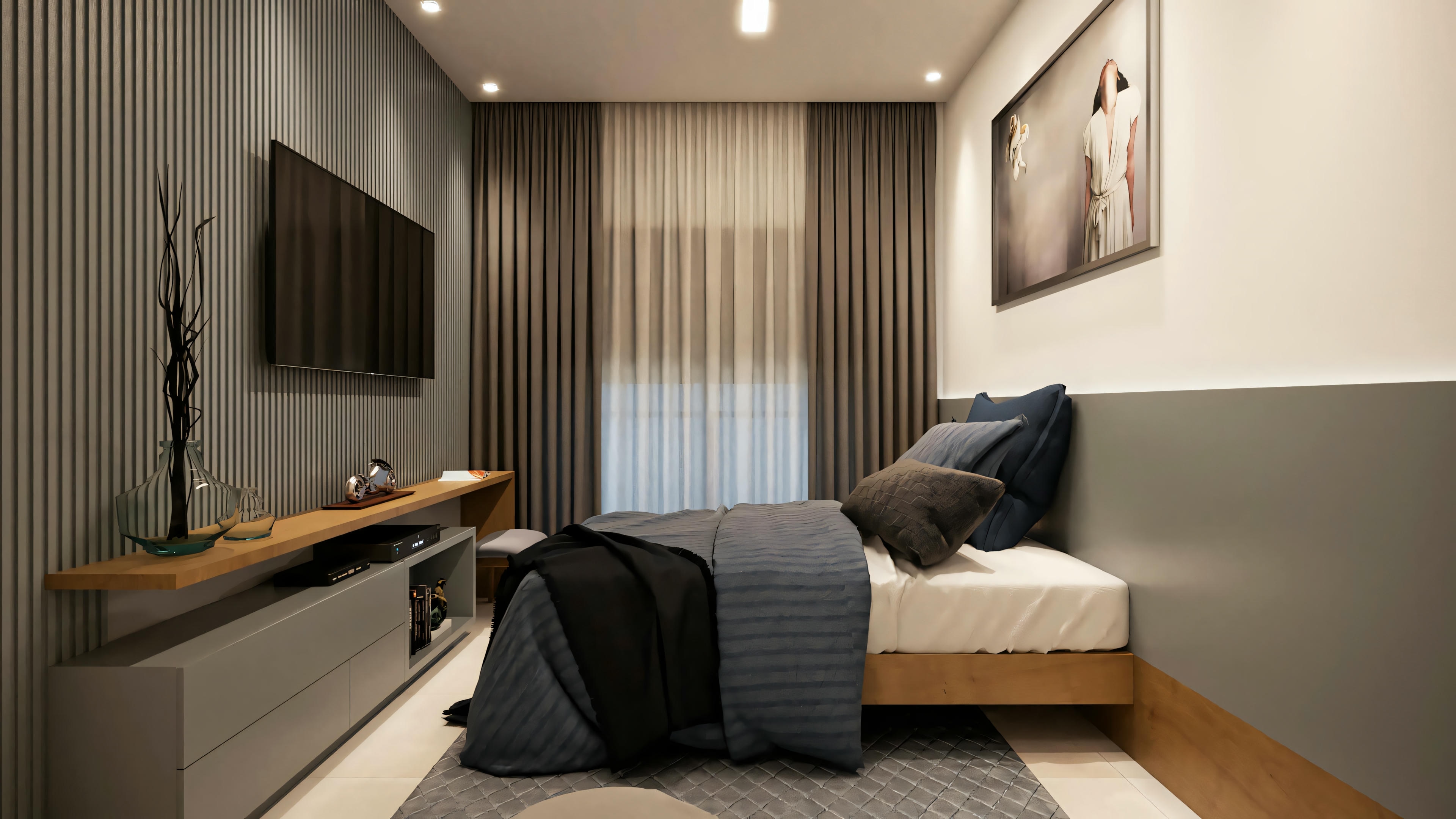 Dormitorio moderno com cabecero oscuro, pared clara, ventana con cortinas y TV montada en la pared.