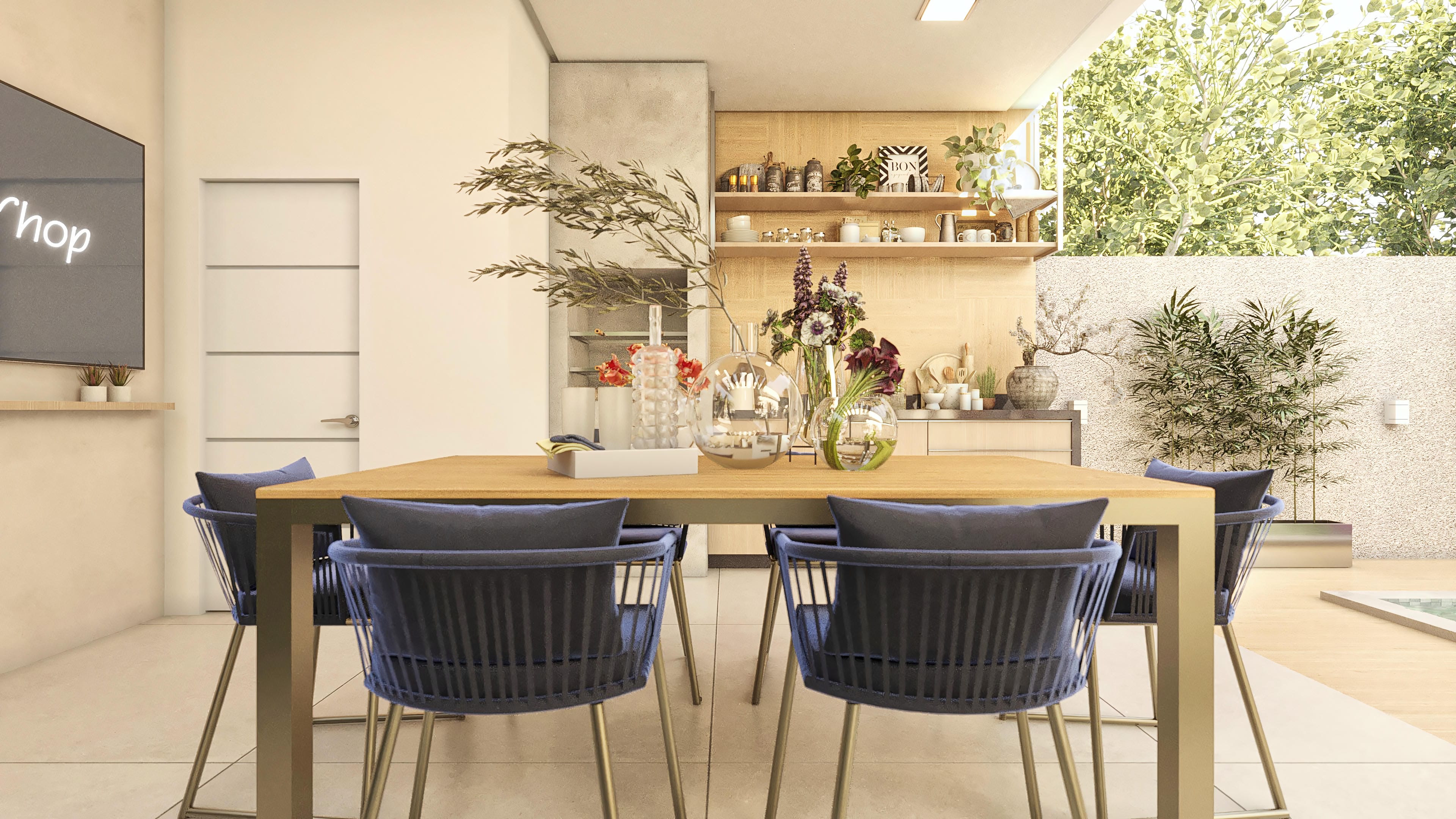 Integrated gourmet area environment with a wood table, black chairs, and built-in lighting, connecting with the external area and pool.
