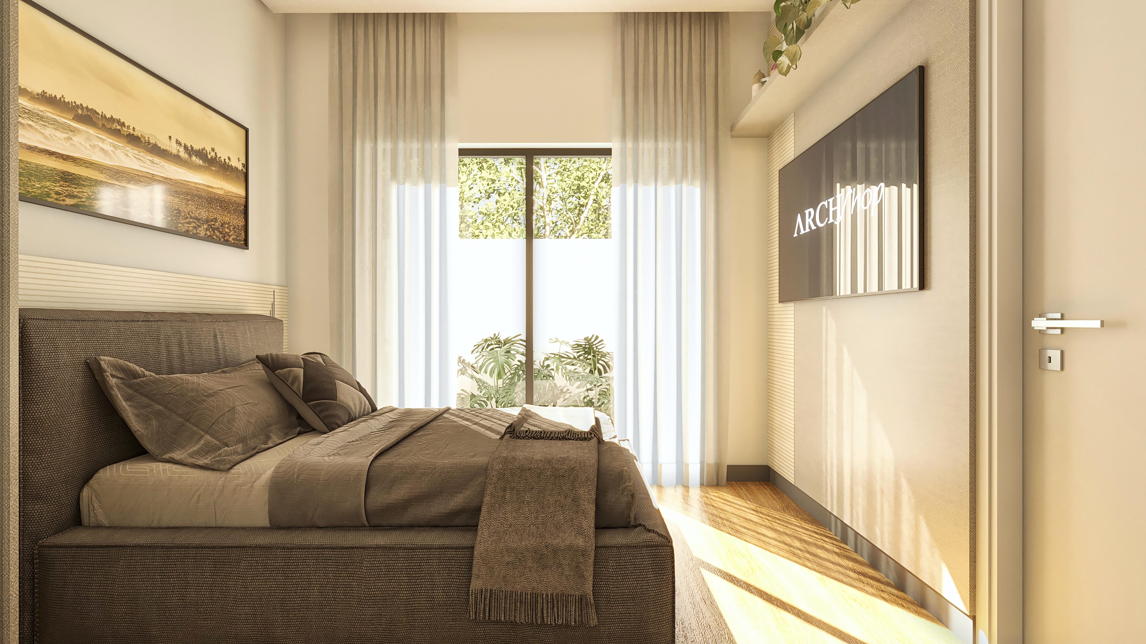 Interior de una suite en casa de dos plantas moderna, con cama espaciosa, cortinas translúcidas y suelo de madera clara. Detalles de textura en las paredes y mobiliario.