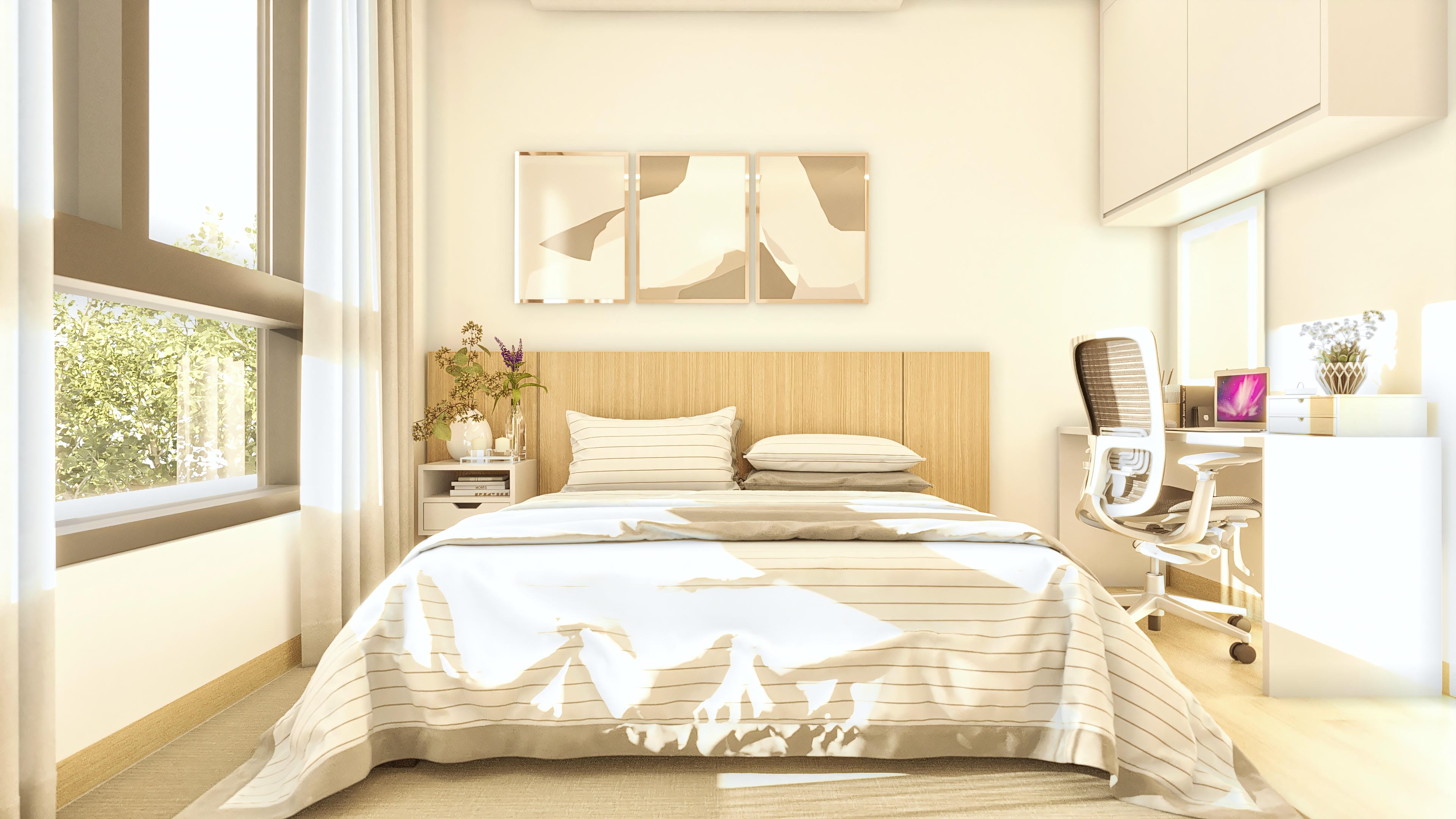 Vista interna de un dormitorio de casa de dos niveles con cama cómoda, mesa de trabajo y gran ventana con cortinas claras, transmitiendo elegancia y modernidad.