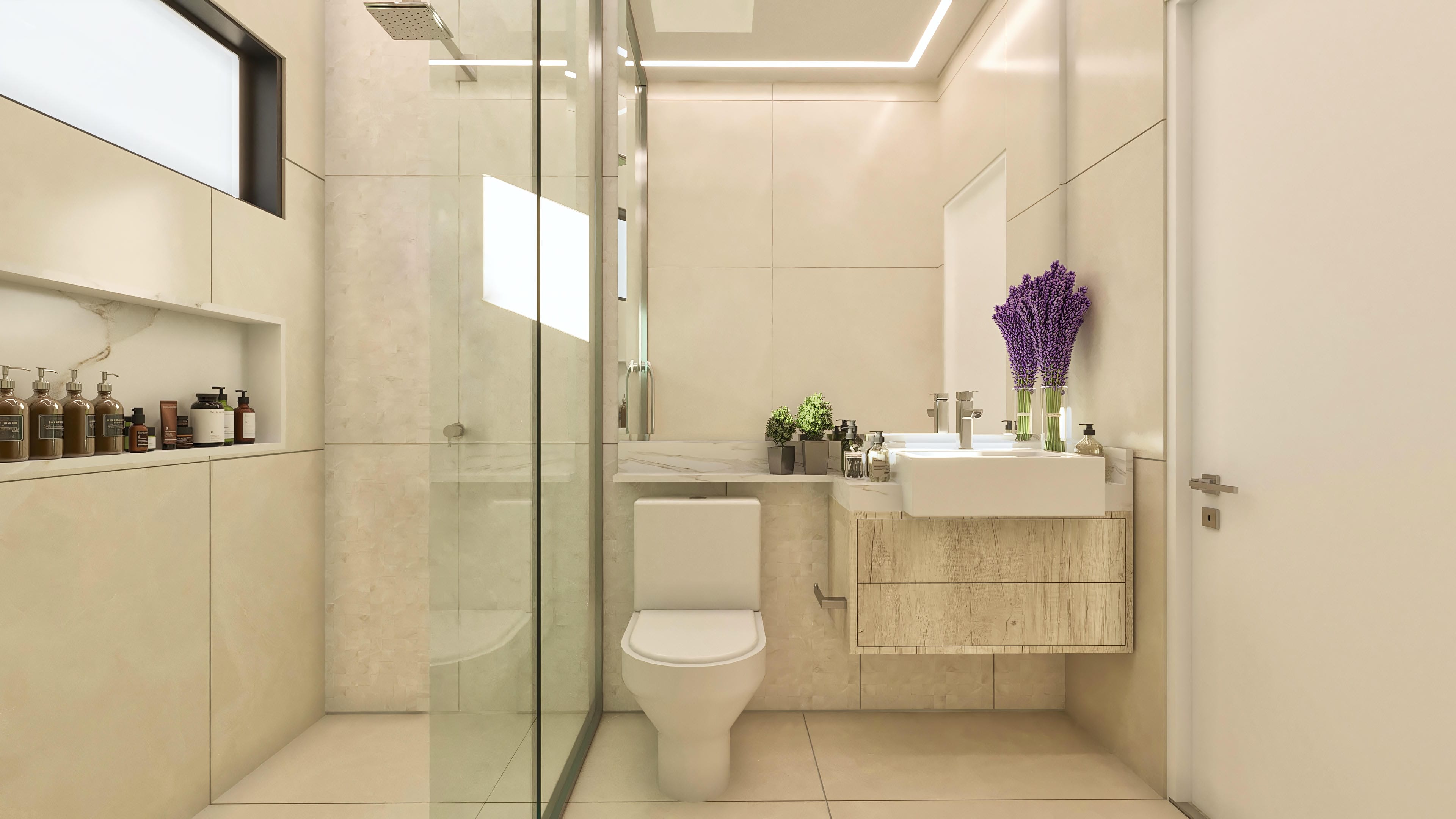 Bathroom interior with modern design, featuring a glass shower stall, white toilet, washbasin with marble countertop, and wood-finish cabinet.