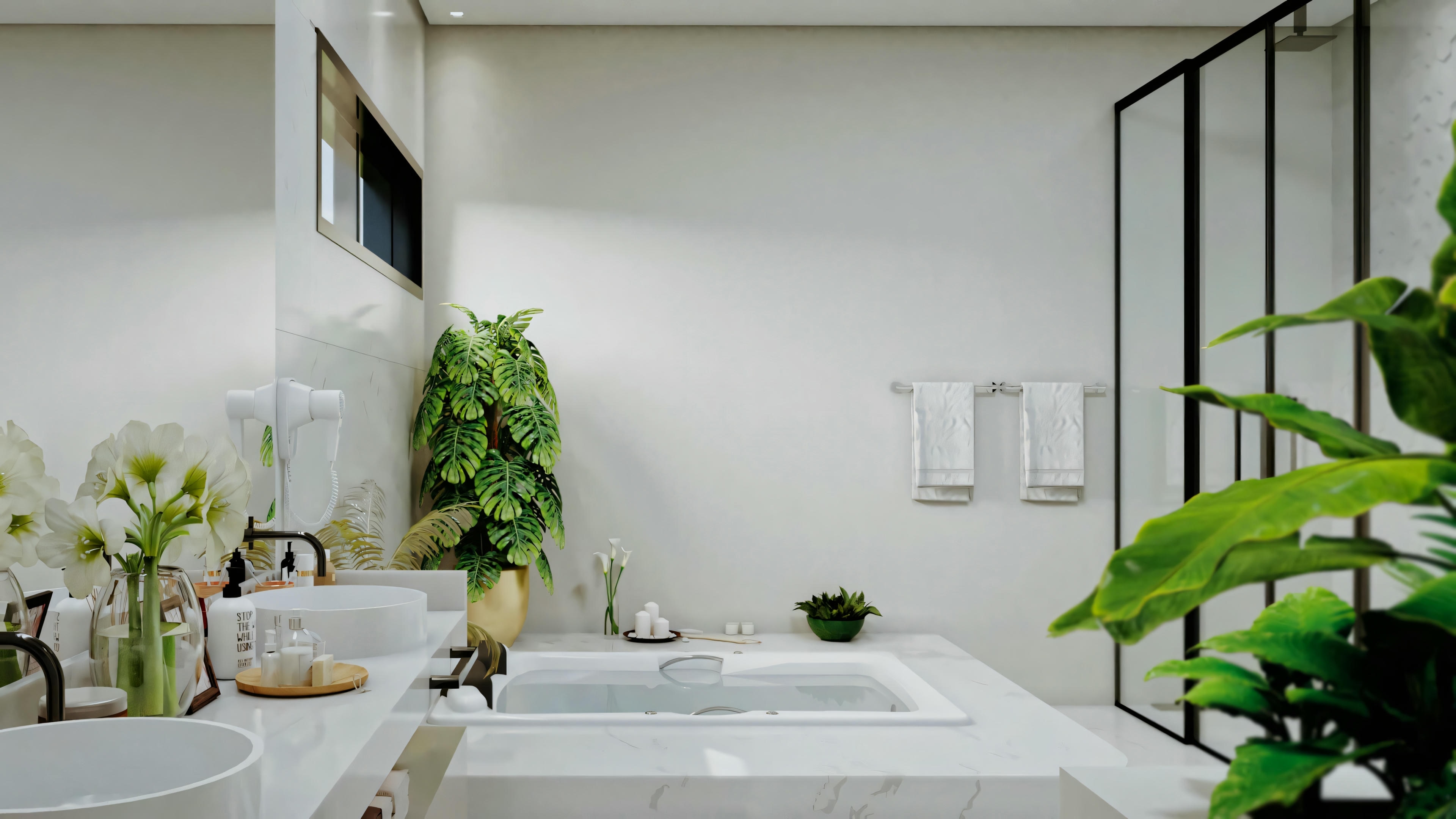 Modern bathroom with large mirror, sink, and decorative plant.