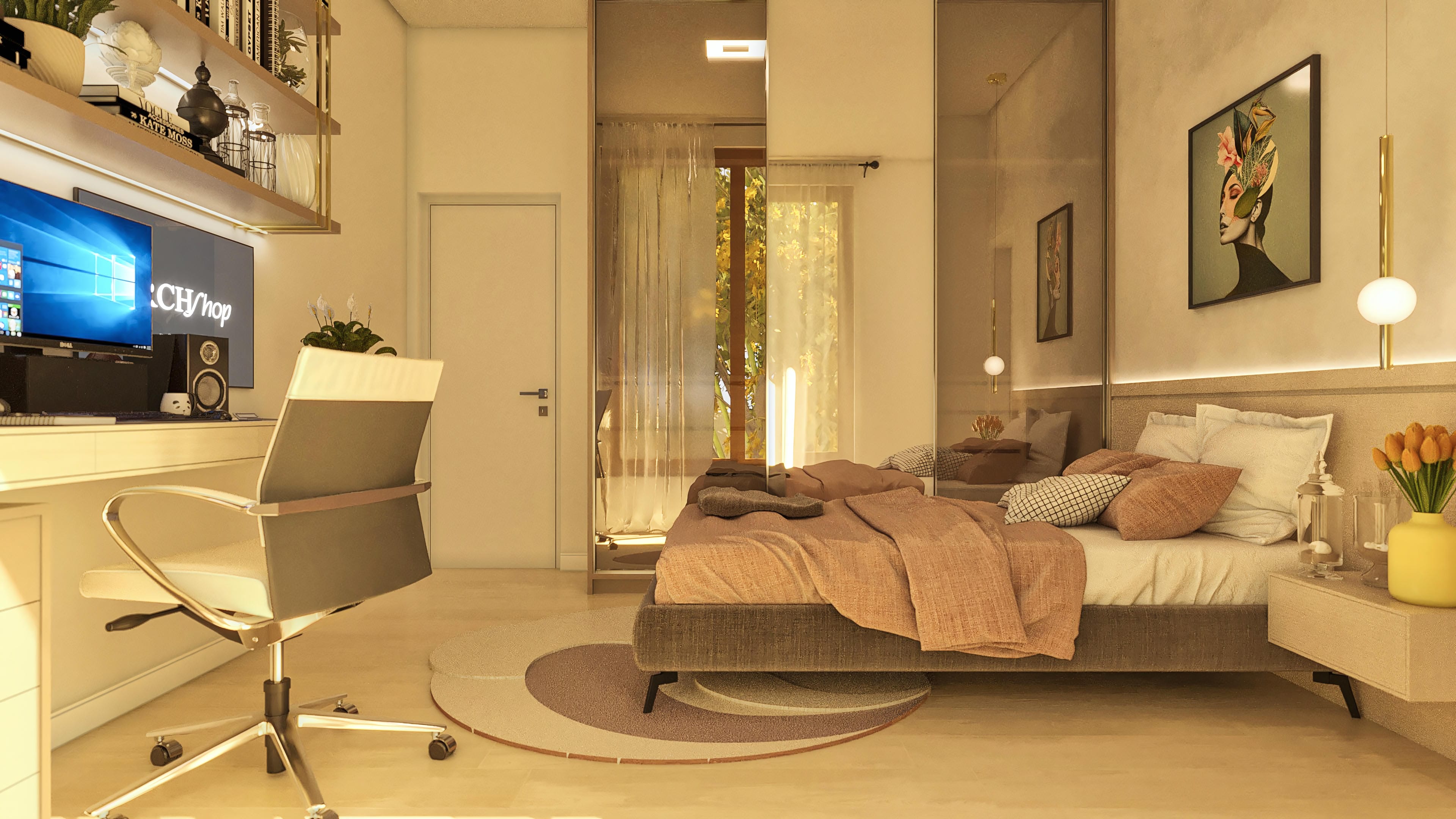Modern interpretation of a bedroom with integrated home office space, highlighting the comfortable bed, functional desk, and mirrored wardrobes.