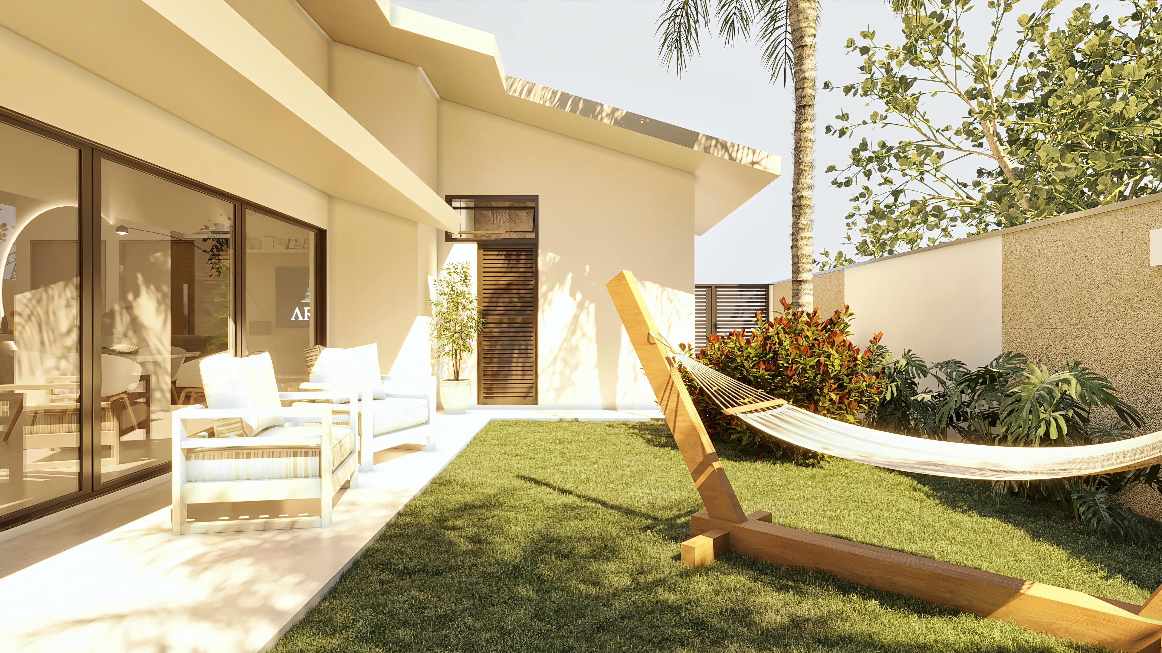External view of a modern architectural project with a facade in light tones, sloped slab, and large outdoor area with lawn, lounge chairs, and hammock.