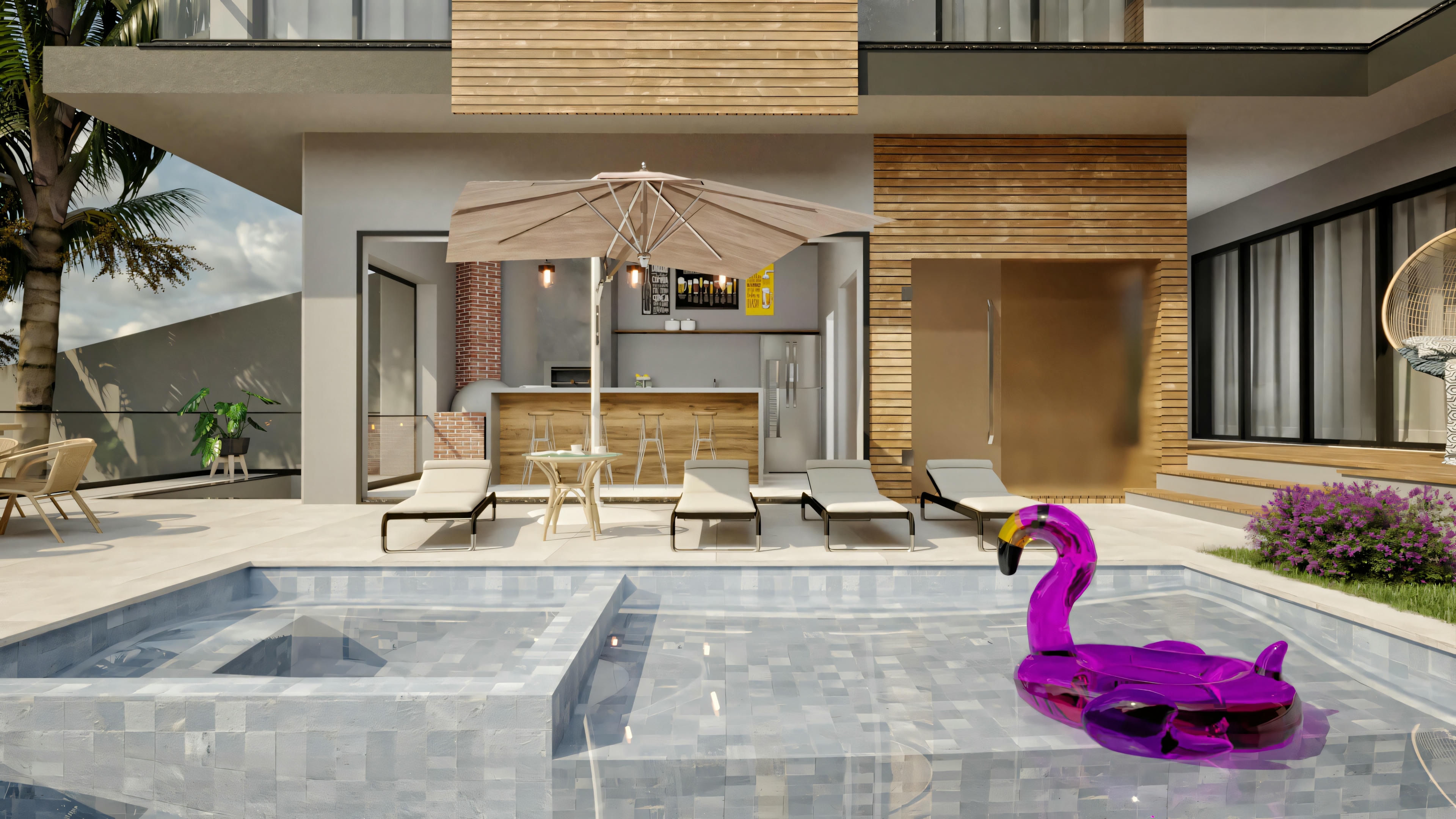 Gourmet area with barbecue and countertop integrated with the pool with solarium and sun loungers, in a modern 4-suite, 316.98m² ground floor house.