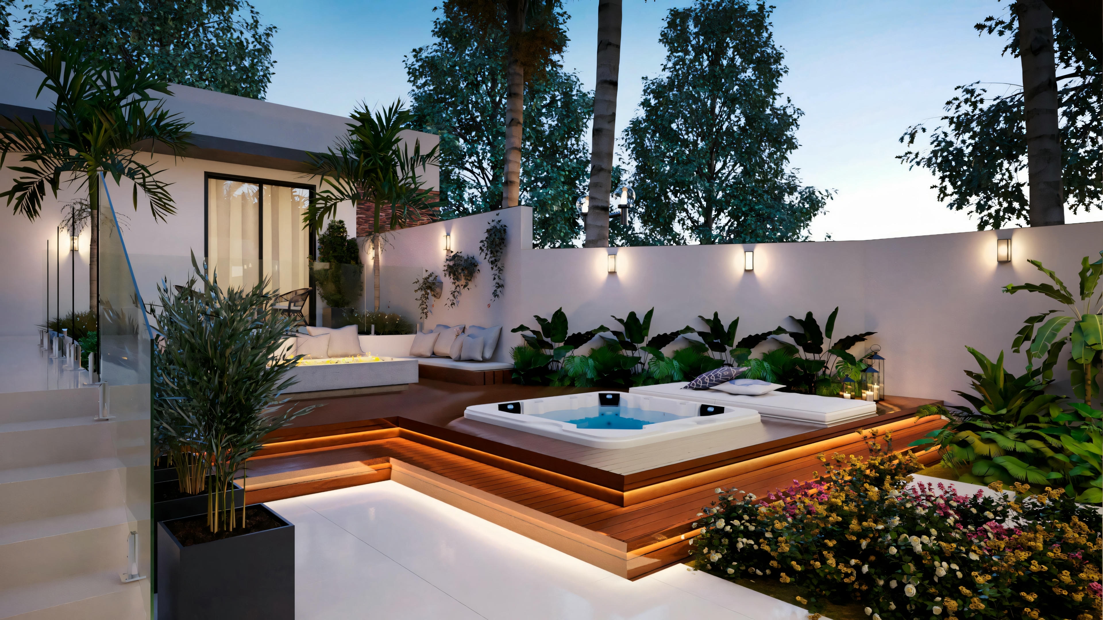 Outdoor patio with a hot tub, chairs, and surrounding vegetation.