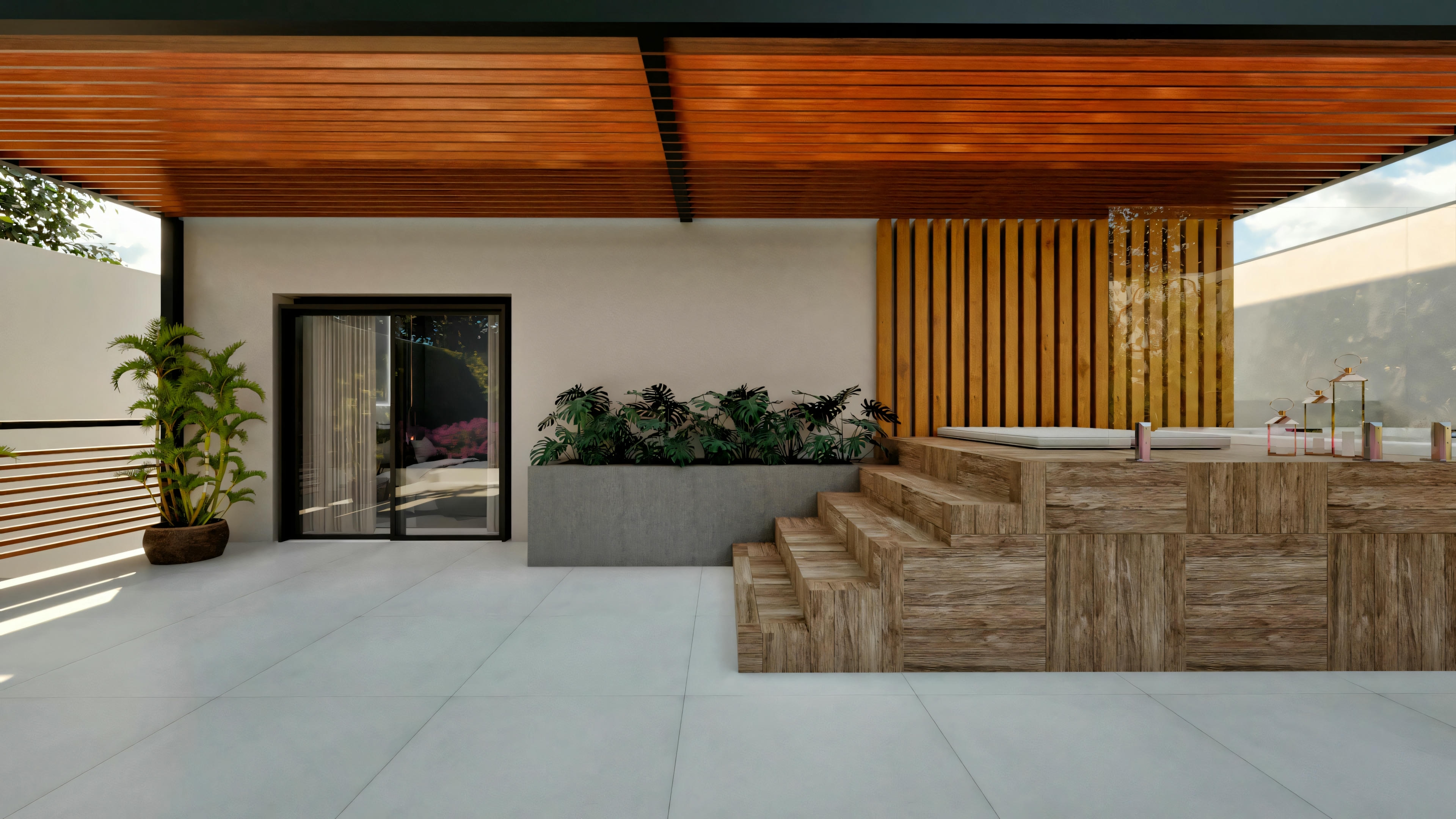 Outdoor patio area with a wooden roof structure and an outdoor kitchen.