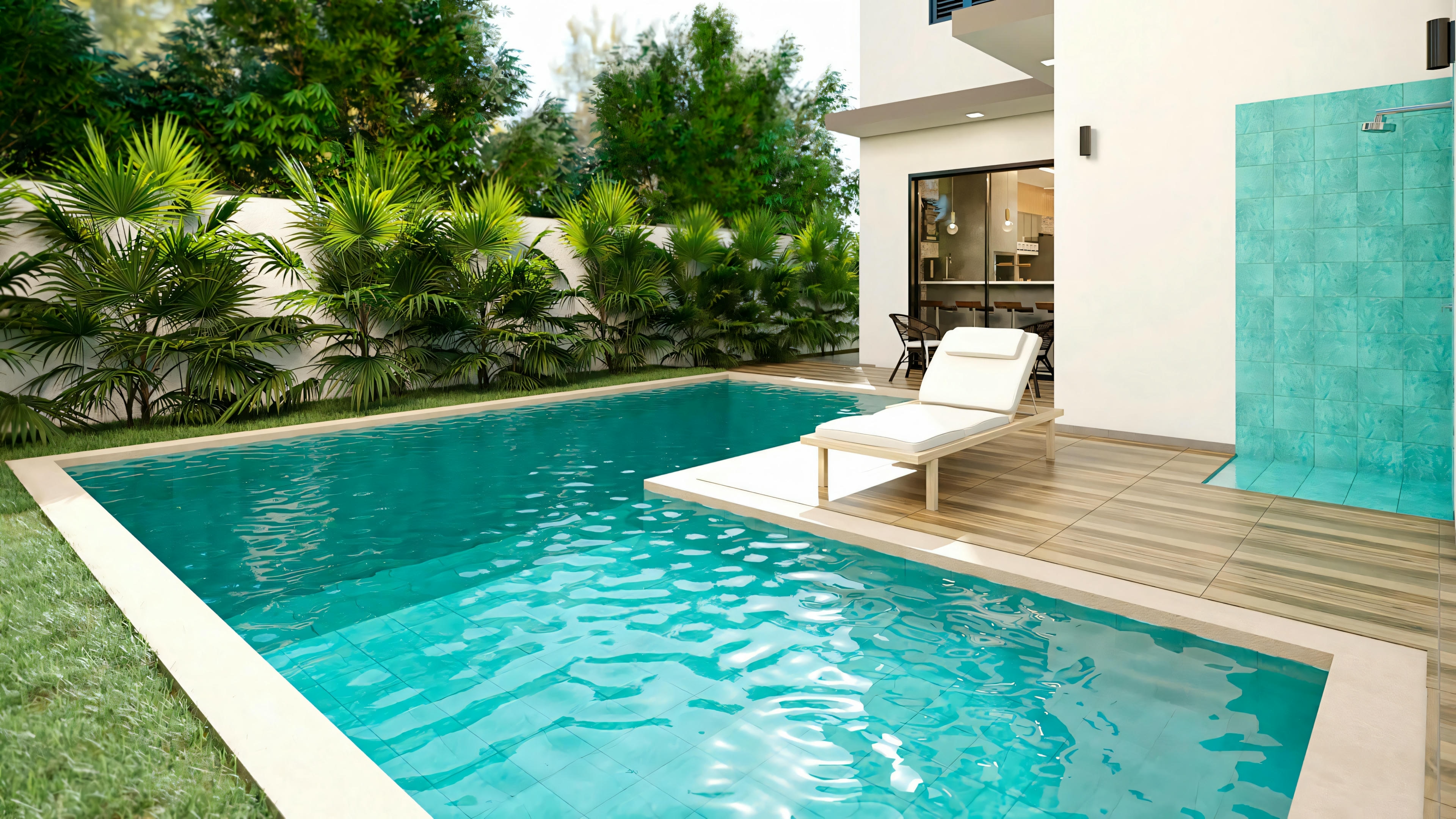 Pool area with an adjacent patio next to a modern house.